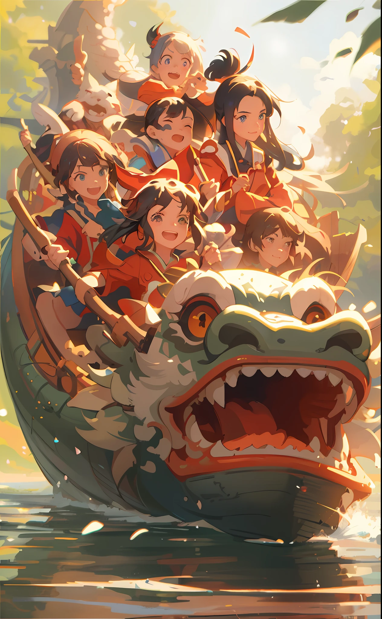 there are many people riding on a boat in the water, artgerm and atey ghailan, artwork in the style of guweiz, cute detailed digital art, by Yang J, kawacy, anime fantasy illustration, by Qu Leilei, detailed digital anime art, sachin teng, ross tran 8 k, by Li Song, digital anime illustration