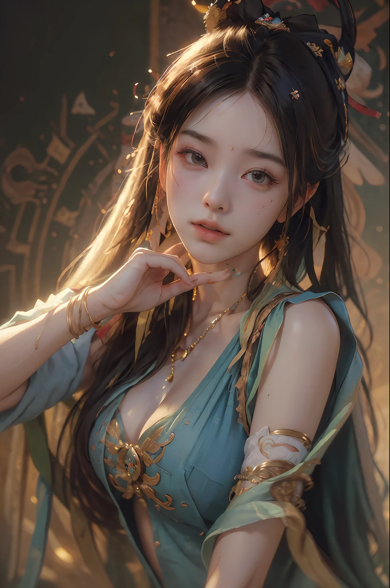 nsfw,(RAW photo, best quality),(realistic, photo-realistic:1.3),best quality,highly detailed,masterpiece,ultra-detailed,illustration,1girl,upper_body,dynamic angle,world masterpiece theater,messy_long_hair,best quality,extremely detailed CG unity 8k wallpaper,ink,Amazing,cinematic lighting,lens_flare,dunhuang_style,
