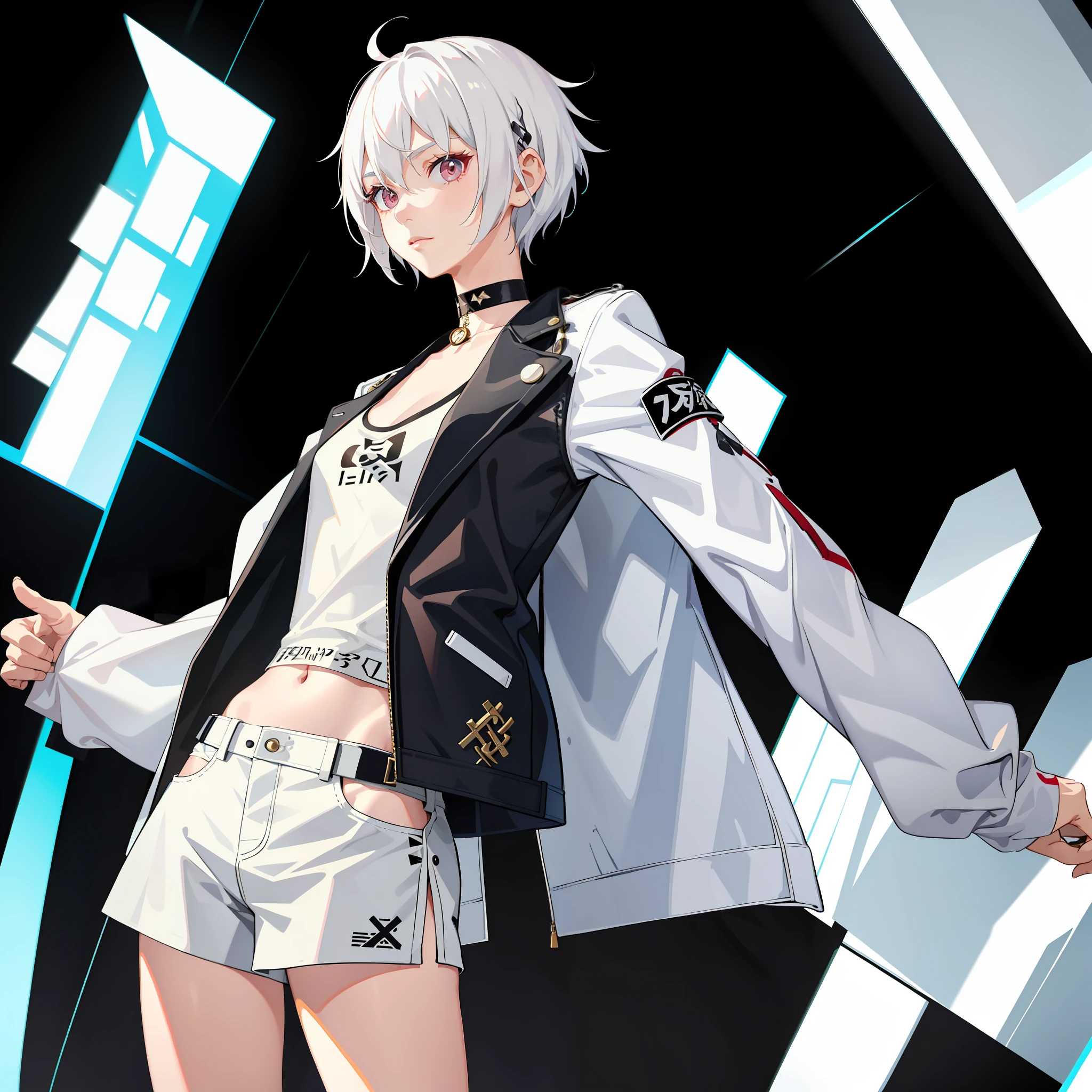 Asian girl, white hair, punk style, choker in the neck, tall and skinny, short hair, mini short, using a top and a jacket, standing pose