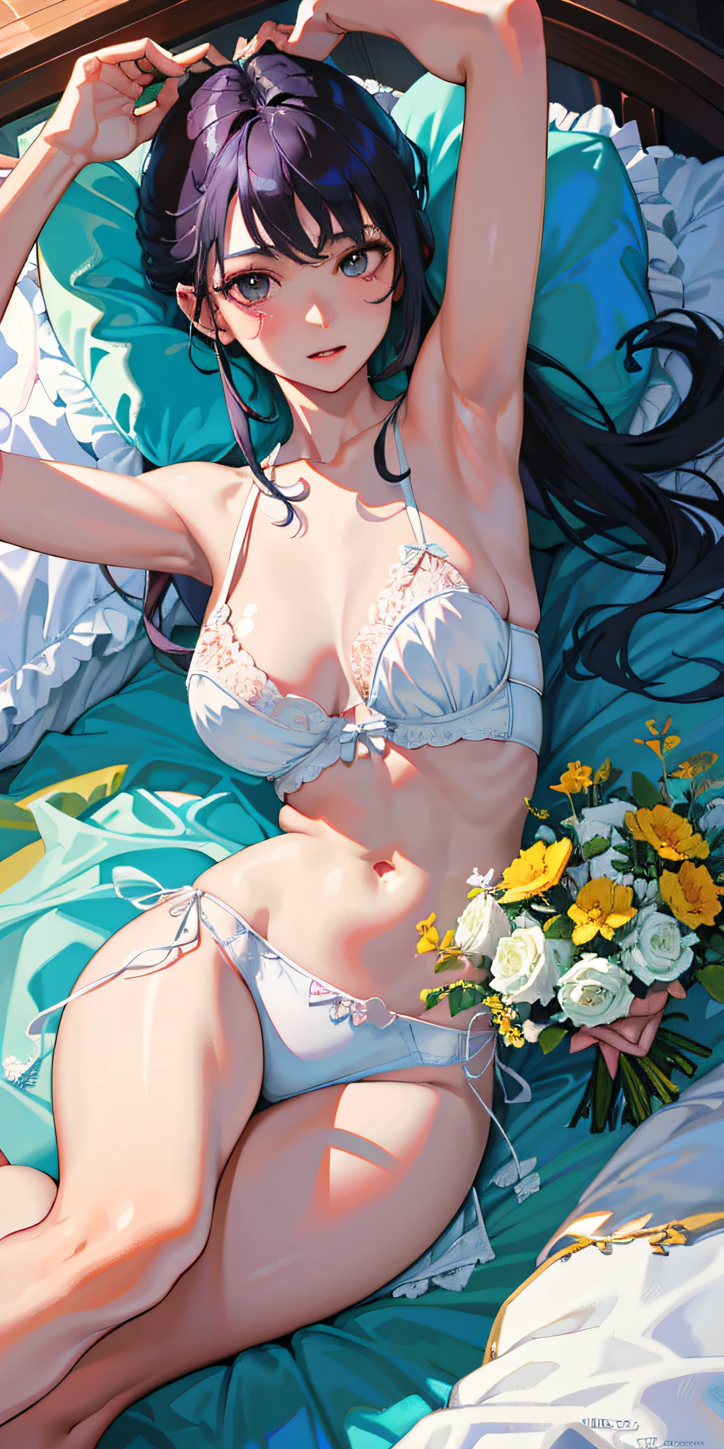 best、An ultra-high image quality、(lifelike、photorealistic)、instagram(photorealistic、High Definition:1.4)、maximum quality、solo、huge tits、indoors、seethrough、Misaligned floral bra、Side Tie T-Back、Sprawl、From above、Outstretched arms、anger、Bed、disheveled floral underwear、Rough breath、Sexual facial expressions、Kurokami、Long、