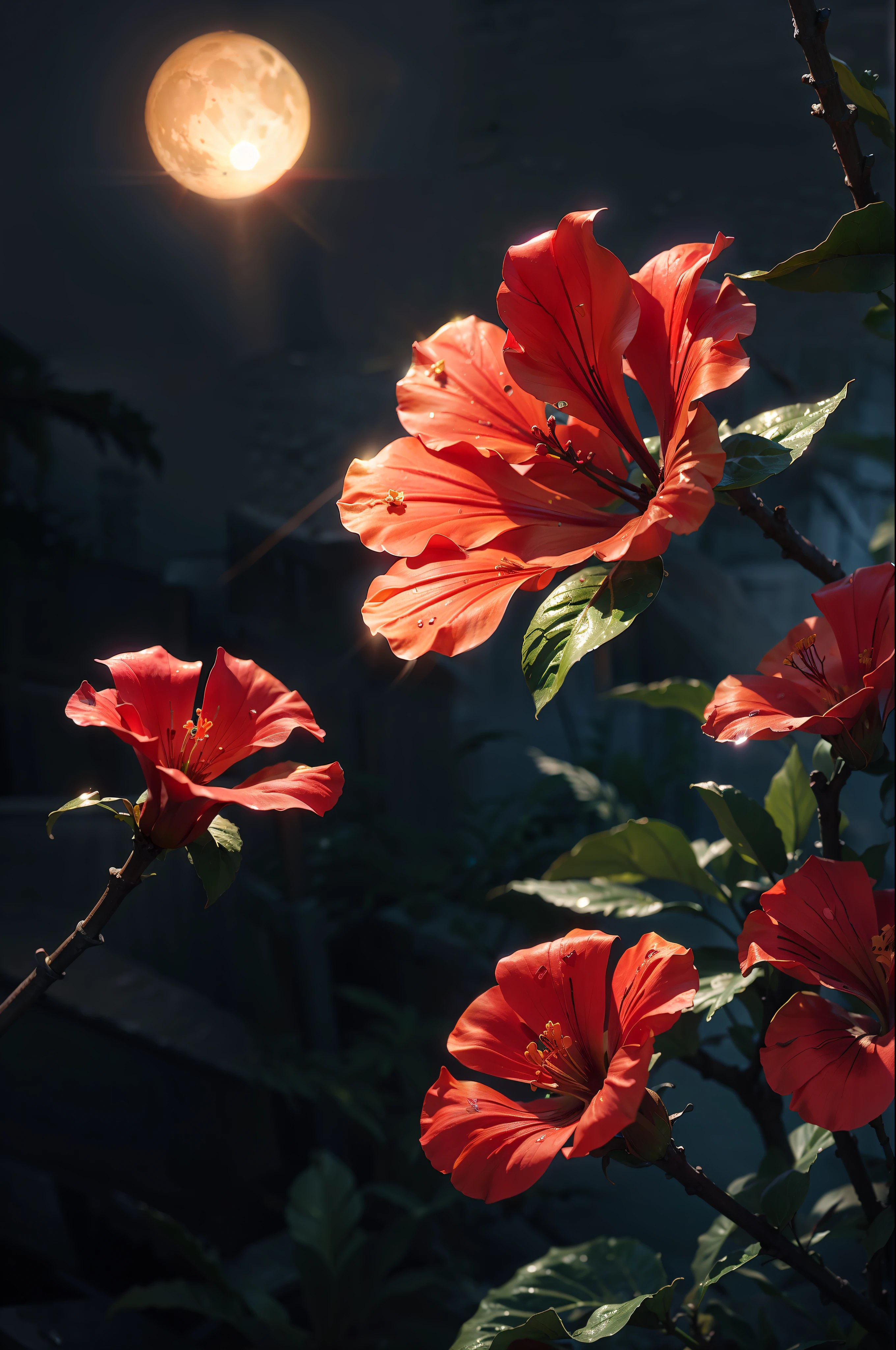 hibiscus Moon with water drops,neon glow, random background, sun rise, bokha mood