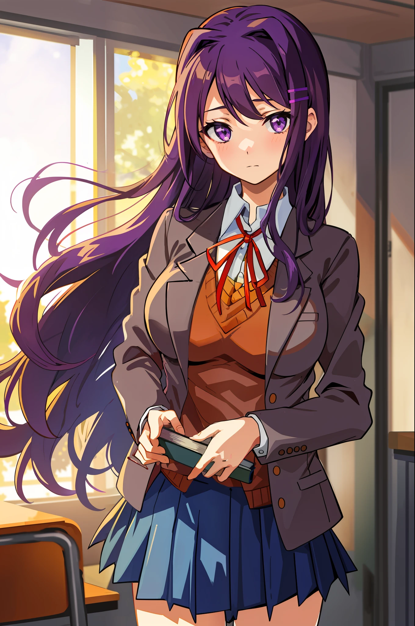 2d, masterpiece, best quality, anime, highly detailed, cowboy shot, 1girl, solo, yuri, purple eyes, purple hair, long hair, hairclip, (large breasts), school uniform, closed blazer, brown sweater, collared shirt, neck ribbon, blue skirt, standing, classroom, shy, holding book