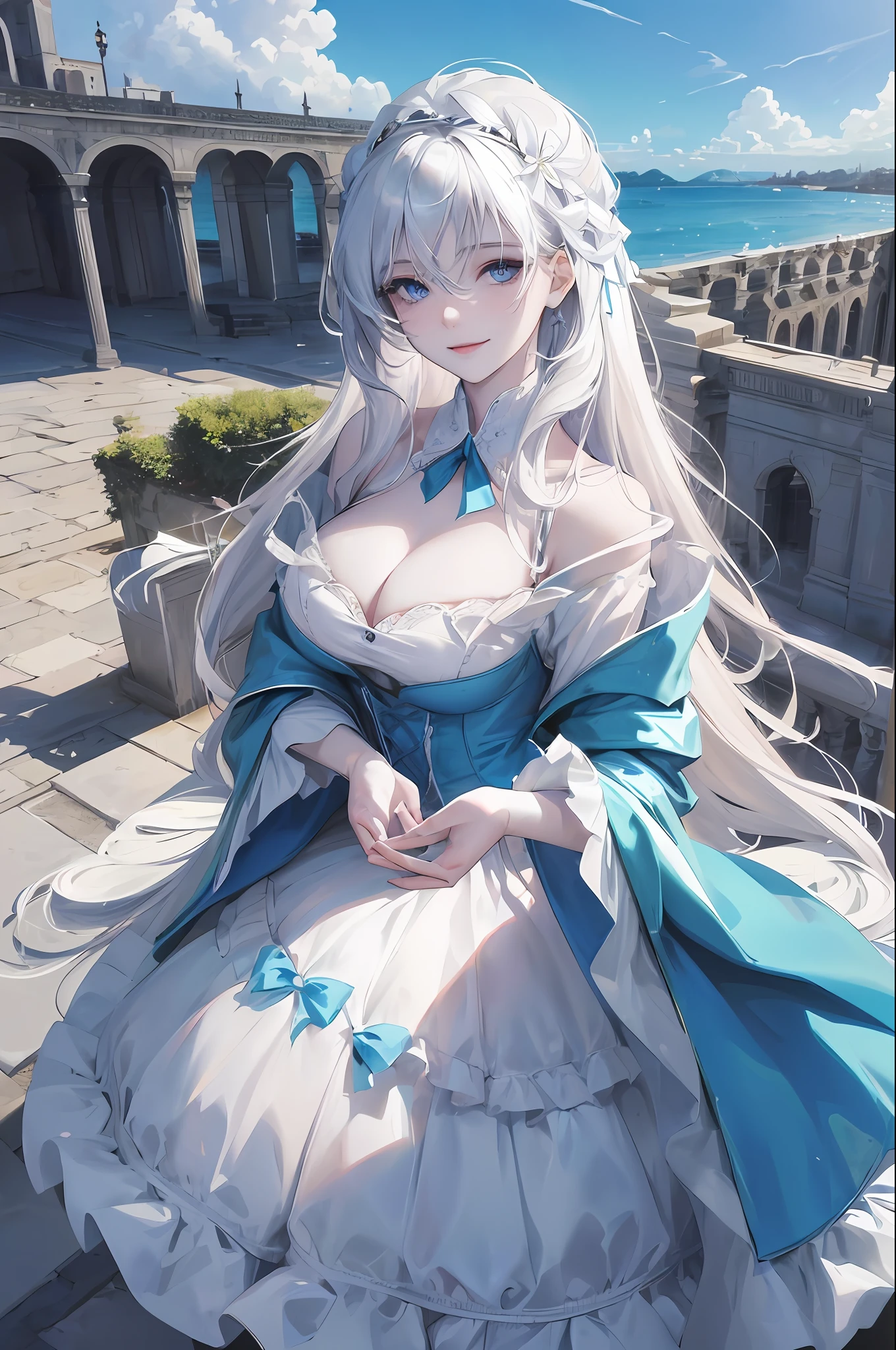 Official art, masterpiece, sharp focus, (beautiful gorgeous cute woman:1.3), (beautiful cute woman:1.3), delicate and beautiful hair and eyes and face, realistic, very detailed, beautiful woman, blue sky, (side light:1.2), sunshine, white clouds, delicate clouds, thin, ((smile with eyes, open eyes)), landscape, long straight hair, building, (view view:1.7), dynamic hair, detailed platinum black hair, shining blue eyes,  Western aristocratic dress, pale skin, composition from above, evil, secretive atmosphere