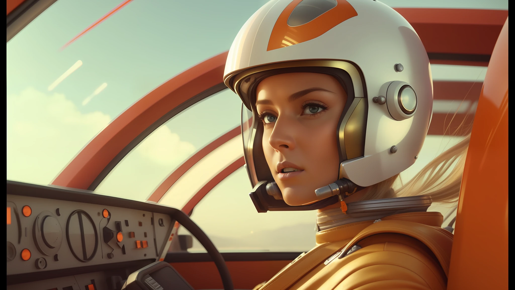 blond woman in a helmet and a white shirt sitting in a vehicle, by Mike Winkelmann, x wing starfighter, youtube thumbnail, portrait of cute pilot girl, cinemascope, speed racer, joshua middleton, retro computer graphics, matte coloring, angry female alien, grey orange, looks like ebru şahin, by Justin Sweet, cinematic pinterest style