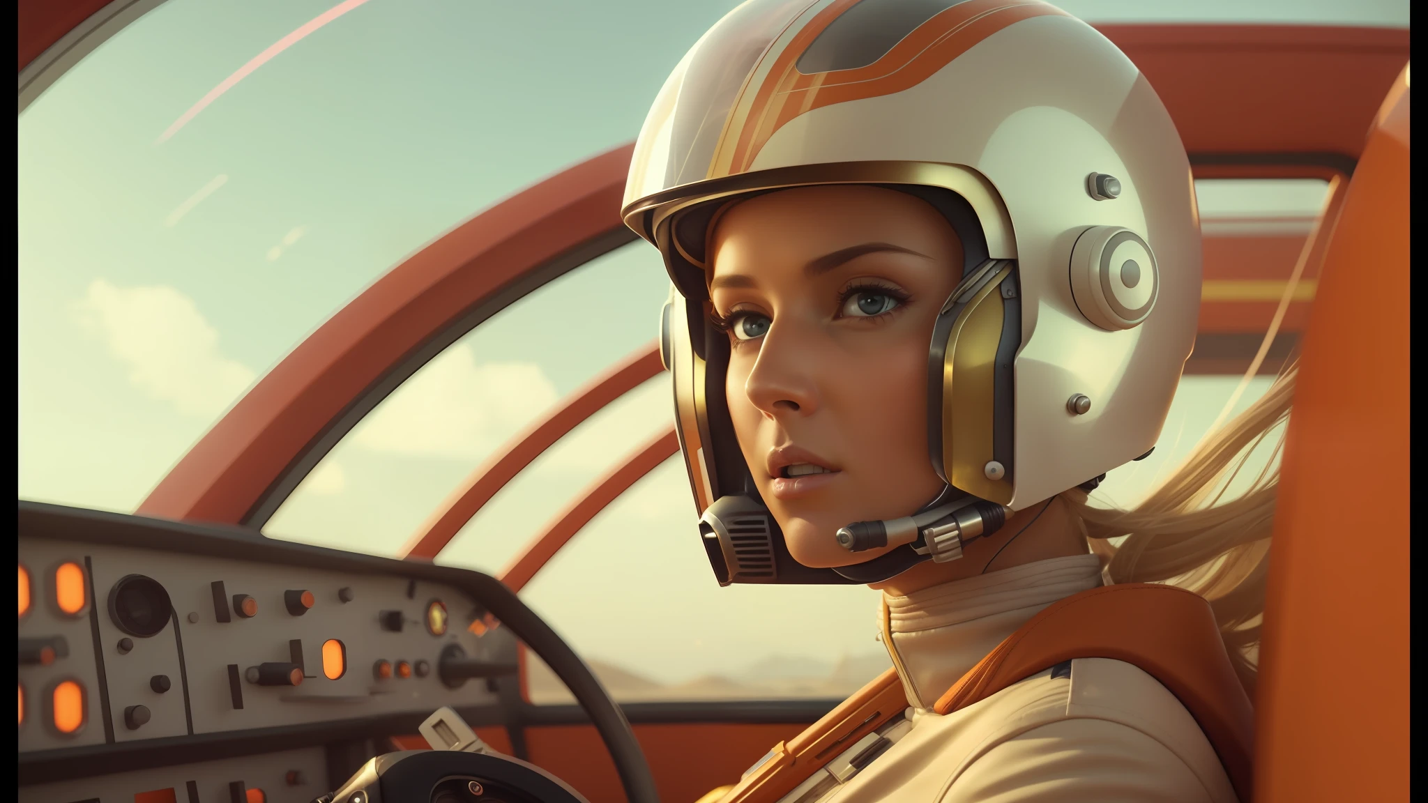 blond woman in a helmet and a white shirt sitting in a vehicle, by Mike Winkelmann, x wing starfighter, youtube thumbnail, portrait of cute pilot girl, cinemascope, speed racer, joshua middleton, retro computer graphics, matte coloring, angry female alien, grey orange, looks like ebru şahin, by Justin Sweet, cinematic pinterest style