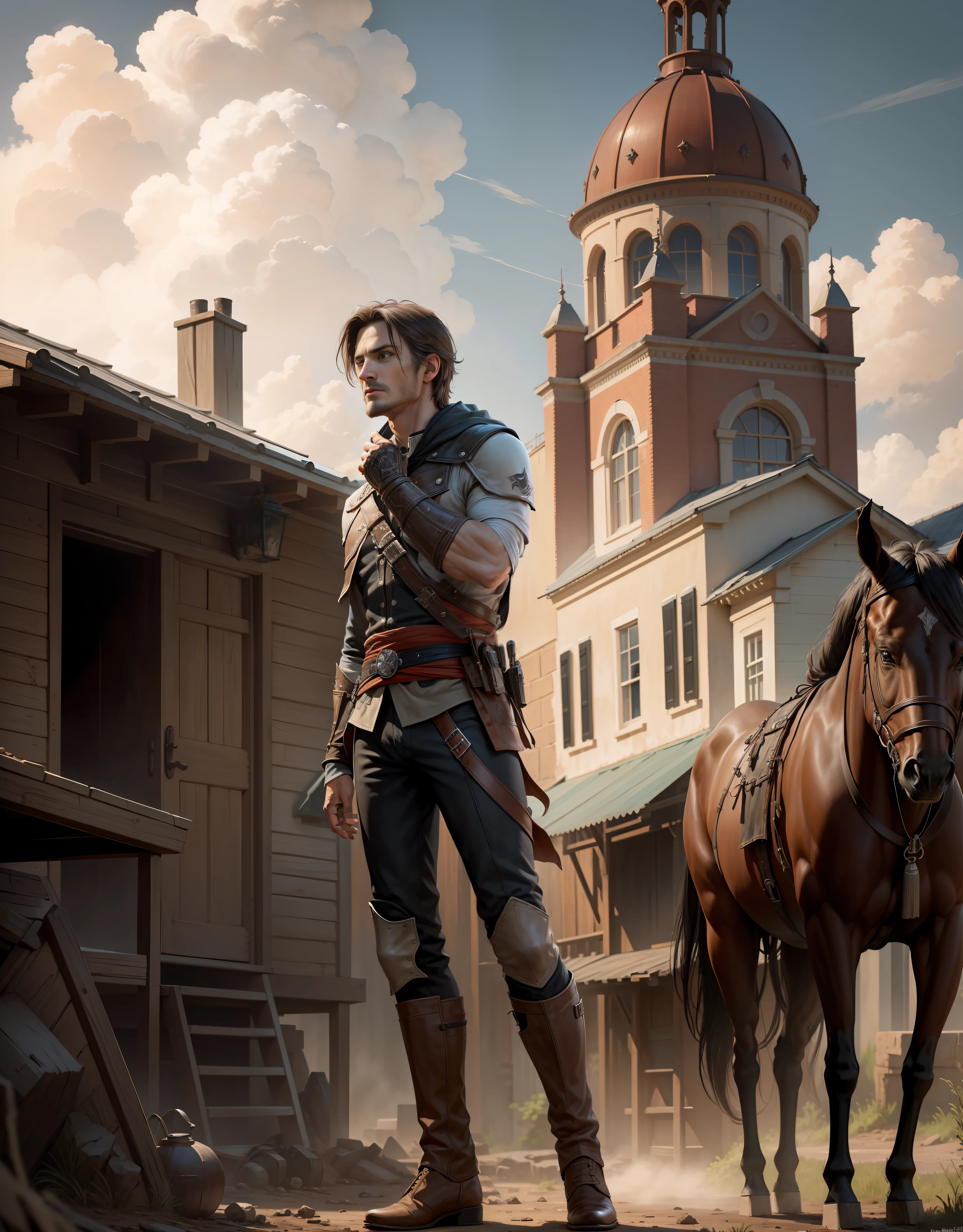(realistic, highres, ultra detailed), 1 male, young face, no beard, mature, manly, tall muscular, handsome, finely detailed eyes, intricate details, portrait, looking at viewer, solo, (full body:1), detailed background, assassins creed, master assassin, black rugged leather assassin clothes, hood, capelet, leather pouches, rebel, dynamic pose, fighting, detailed background, Texas, house, town, sparks, sewers in background, dirt, roof, wood box, horse, cowboys, golden land, --auto --s2