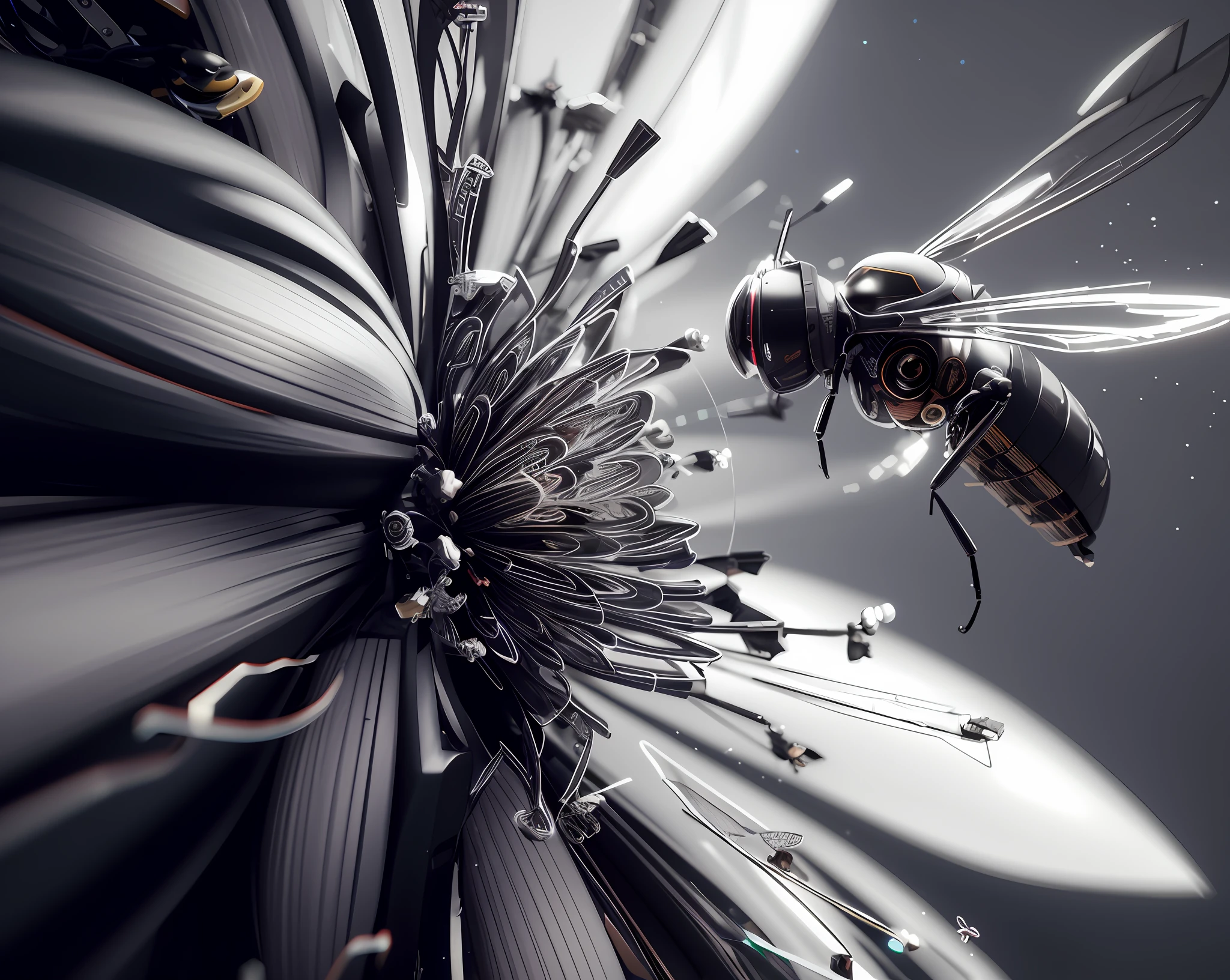 There is a robot bee that is flying around a cybernetic robotic flower, 3D render digital art, beautiful digital art, gorgeous 3D rendering, intricate 3D illustration, 3D render art, intricate art. octane render, rendered in cinema 4 d, rendered in cinema4d, rendered in cinema 4 d octane, great digital art with details, 3 d rendered in octane