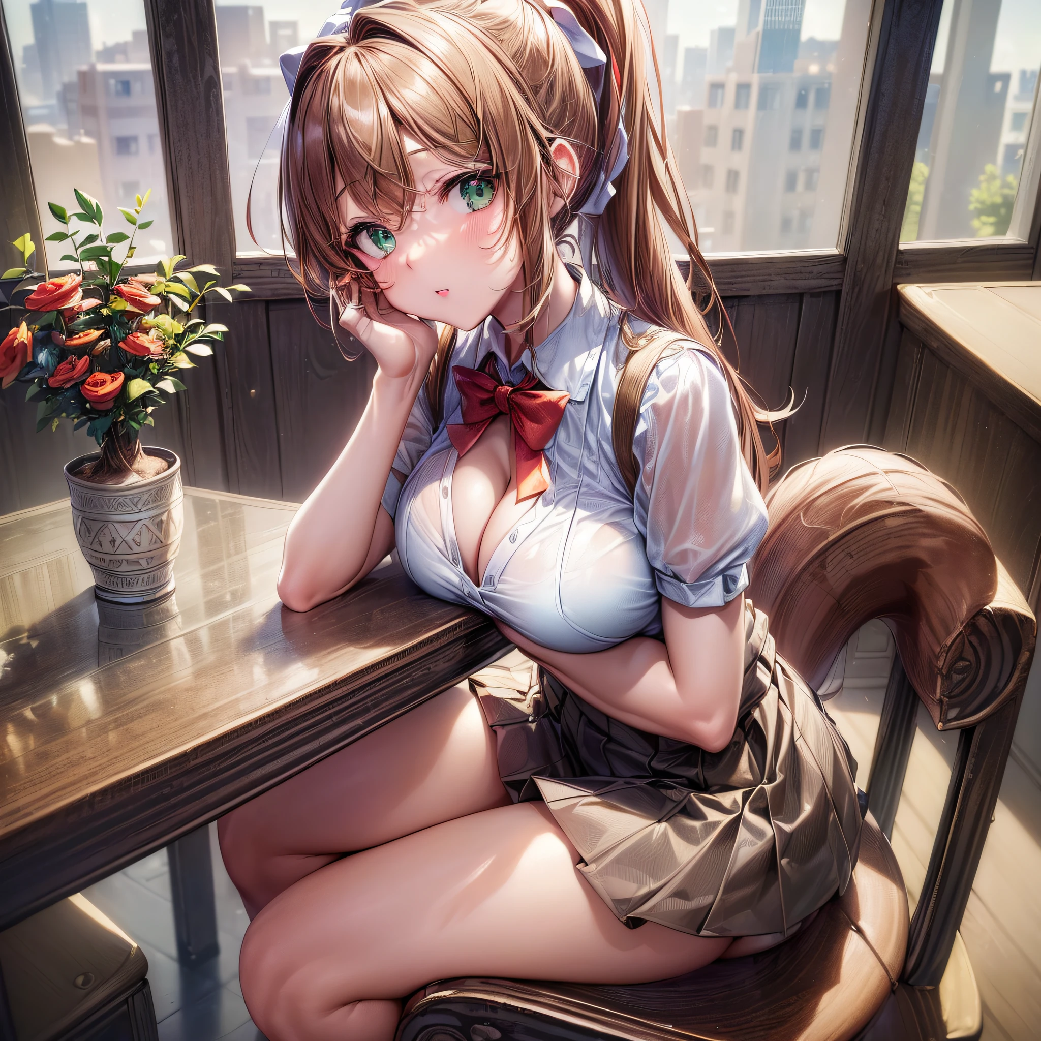 (masterpiece, detailed, highres:1.4), 1girl, adult girl, Monika from Doki Doki Literature Club, classroom, white school uniform, large white bow, medium breasts, emerald green eyes, (coral brown hair, high ponytail, one long tail, strands of hair:1.4), cleavage of breasts, full body shot, front view, shy, sitting on table