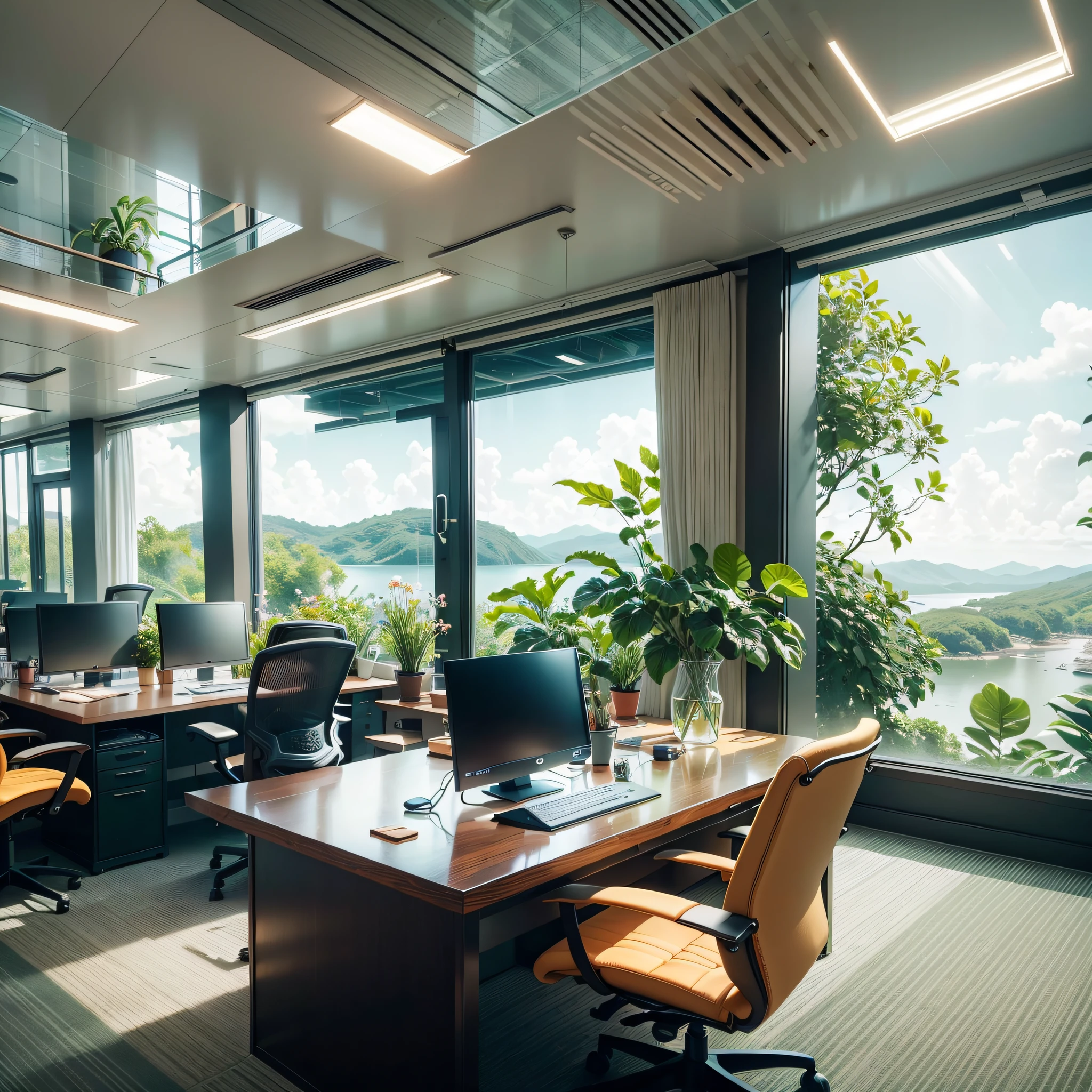 a bustling open-space office designed to harmonize productivity and natural elements. The expansive room is dotted with multiple table islands, each equipped with sleek computers and high-resolution screens, where teams collaborate seamlessly. Amidst the productive hubbub, an abundance of vibrant flowers and verdant plants are thoughtfully placed, infusing the space with a refreshing touch of nature. Delicate orchids and cascading vines add a splash of color to the workstations, while strategically positioned aquariums with graceful fish create a sense of tranquility and wonder. Ample natural light floods through the large windows, casting a soft glow on the meticulously arranged desks. Meanwhile, carefully positioned adjustable lighting fixtures ensure an ideal work environment, providing optimal illumination for focused tasks. This meticulously curated blend of functionality, natural beauty, and cutting-edge technology creates an inspiring and invigorating atmosphere, promoting both productivity and well-being. --auto --s2