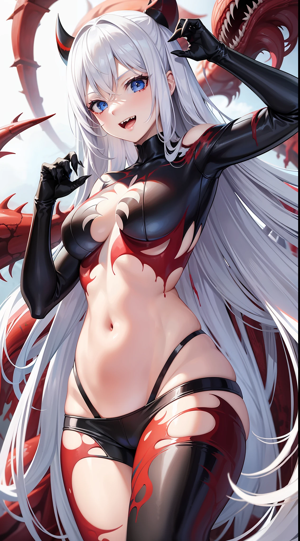 Young girl, long white hair, blue eyes, red symbiote suit, Venom, Carnage, crazy grin, blood, claws, masterpiece, high quality, open belly