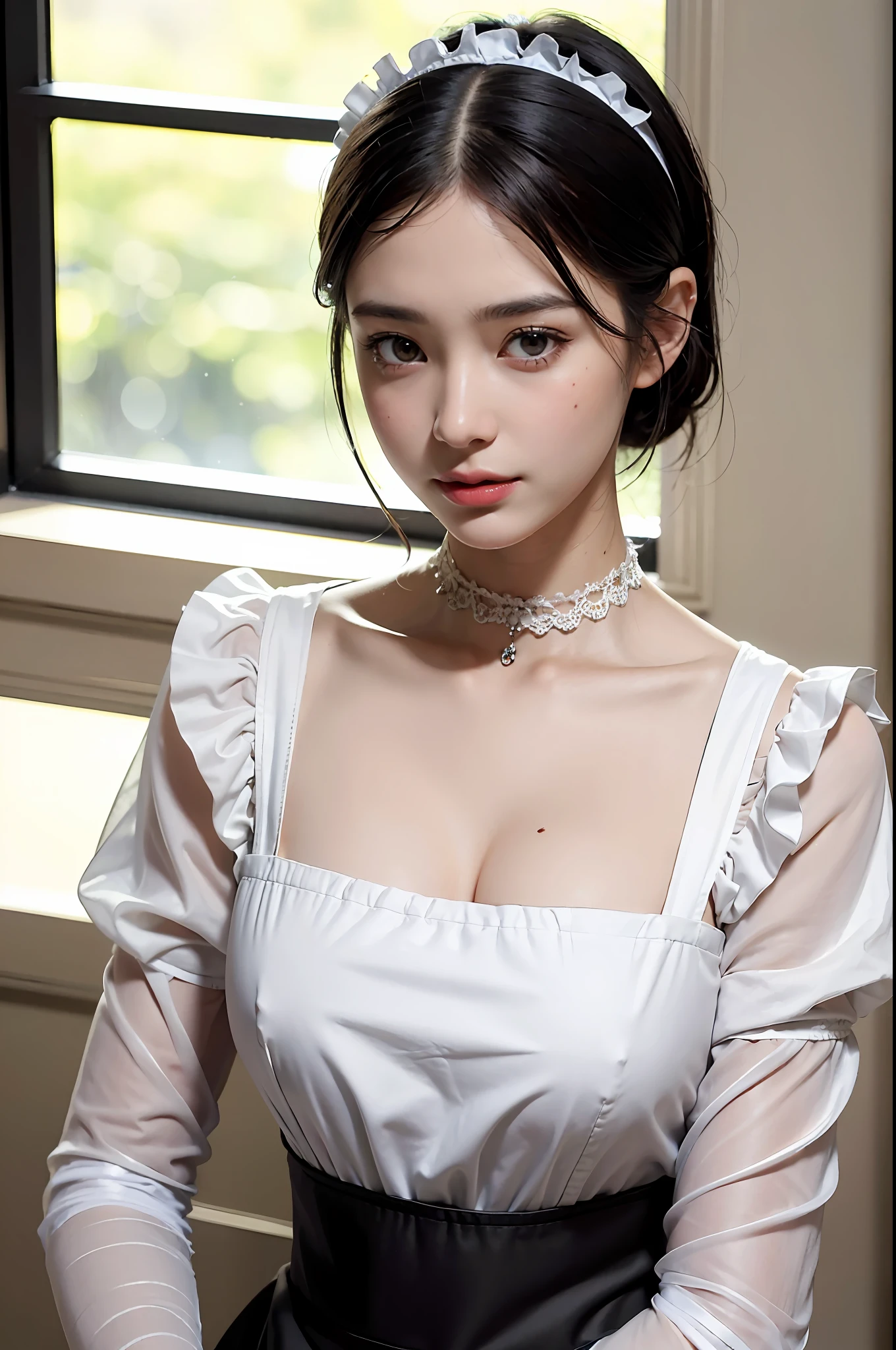 Top Quality, Masterpiece, Highly Detailed, High Definition, 4K, Ultra High Definition, Detailed Shadows, Ultra Realistic, Dramatic Lighting, 1girl, Solo, Detailed Face, Realistic Eyes, Realistic Skin, Black Hair, Maid Clothes, Maid Apron, Maid Headband, Young Face, Round Face, Big Breasts, Smile, Bangs, Short Hair, Collar, Tie