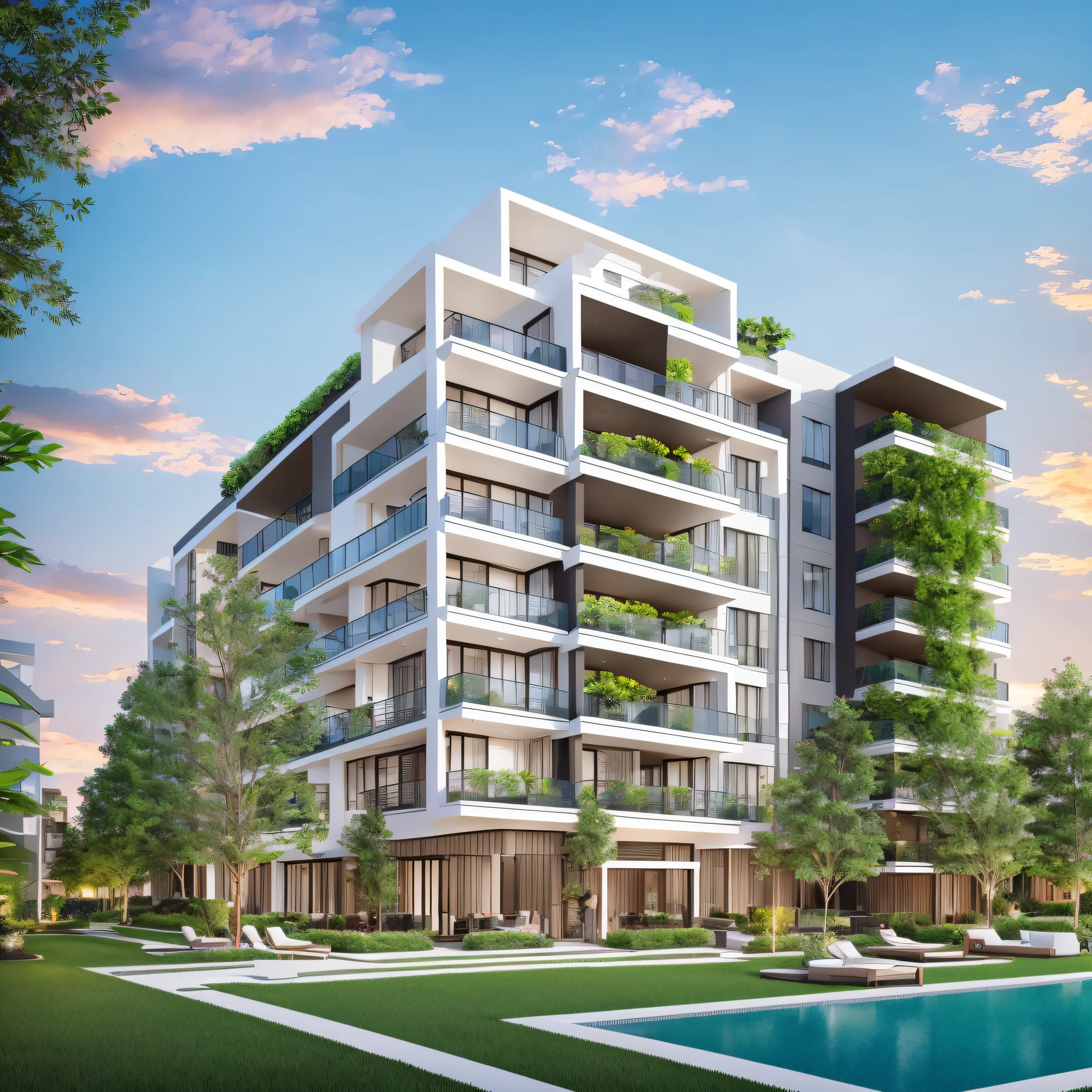 Create a captivating image for the homepage of a condo management website, featuring a contemporary condo building with people, lush greenery, and cozy lighting to evoke a sense of comfort and community. Landscape format --auto --s2