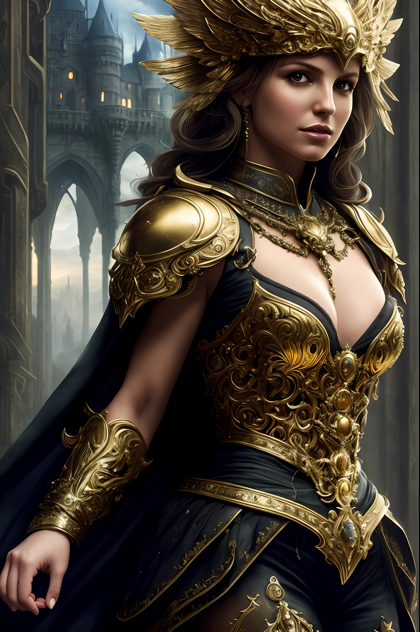 britney spears, full body: 1.6, walking pose, slow motion, (rogue thief: 1.2) woman, multi-layered sewn, (dark gold armor, many details in armor), (intricately patterned cloth: 1.2), (insanely detailed, flowering: 1.5), (top quality, Alessandro Casagrande,
Greg Rutkowski, Sally Mann, concept art, 4k),, (high sharpness), (detailed pupils:1.1), (painting:1.1), (digital painting:1.1), detailed face, eyes and body, masterpiece, best quality, (highly detailed photo:1.1), 8k, photorealistic, (long curvy hair, ecstasy:1.1), (young woman:1.1), by Jeremy Mann, by Sandra Chevrier, by Maciej Kuciara, sharp, (perfect body:1.1), realistic, real shadow, 3d, (background of the castle of Europe:1.2), (by Michelangelo), angel of death, innocent, eyes, diadem, angel wings, black clothes, whole body, arms behind the back, sky, halo, post-apocalypse,