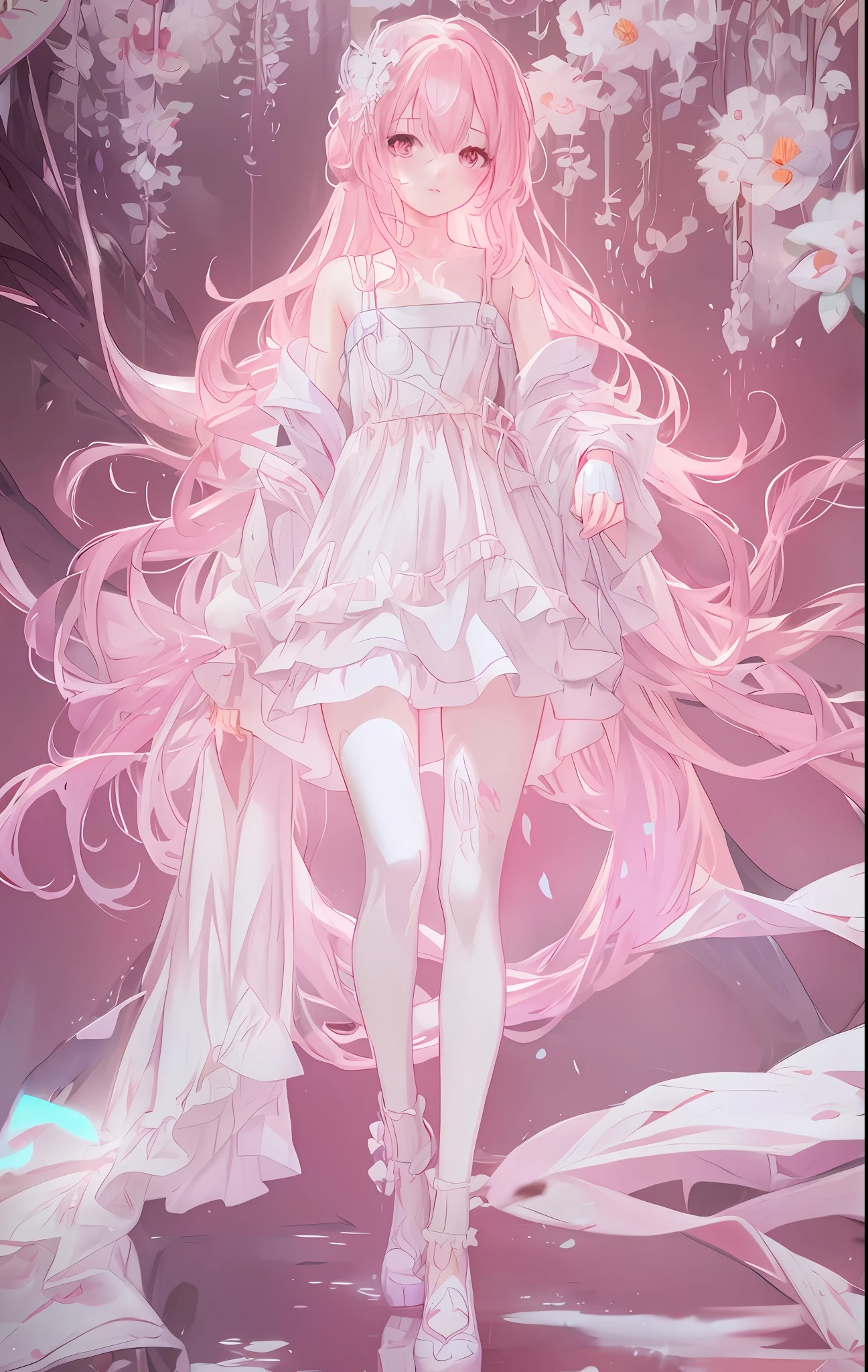 Anime girl in white dress, cute loli, flowing magic robe and white robe, long pink hair and white dress, white shoes, clean, detailed, beautiful anime artwork, Lolita shoes, vivid, realistic, intoxicating CG art, digital art, art on guweiz and pixiv, fantasy fantasy anime, the picture protagonist is a cute anime loli in white.