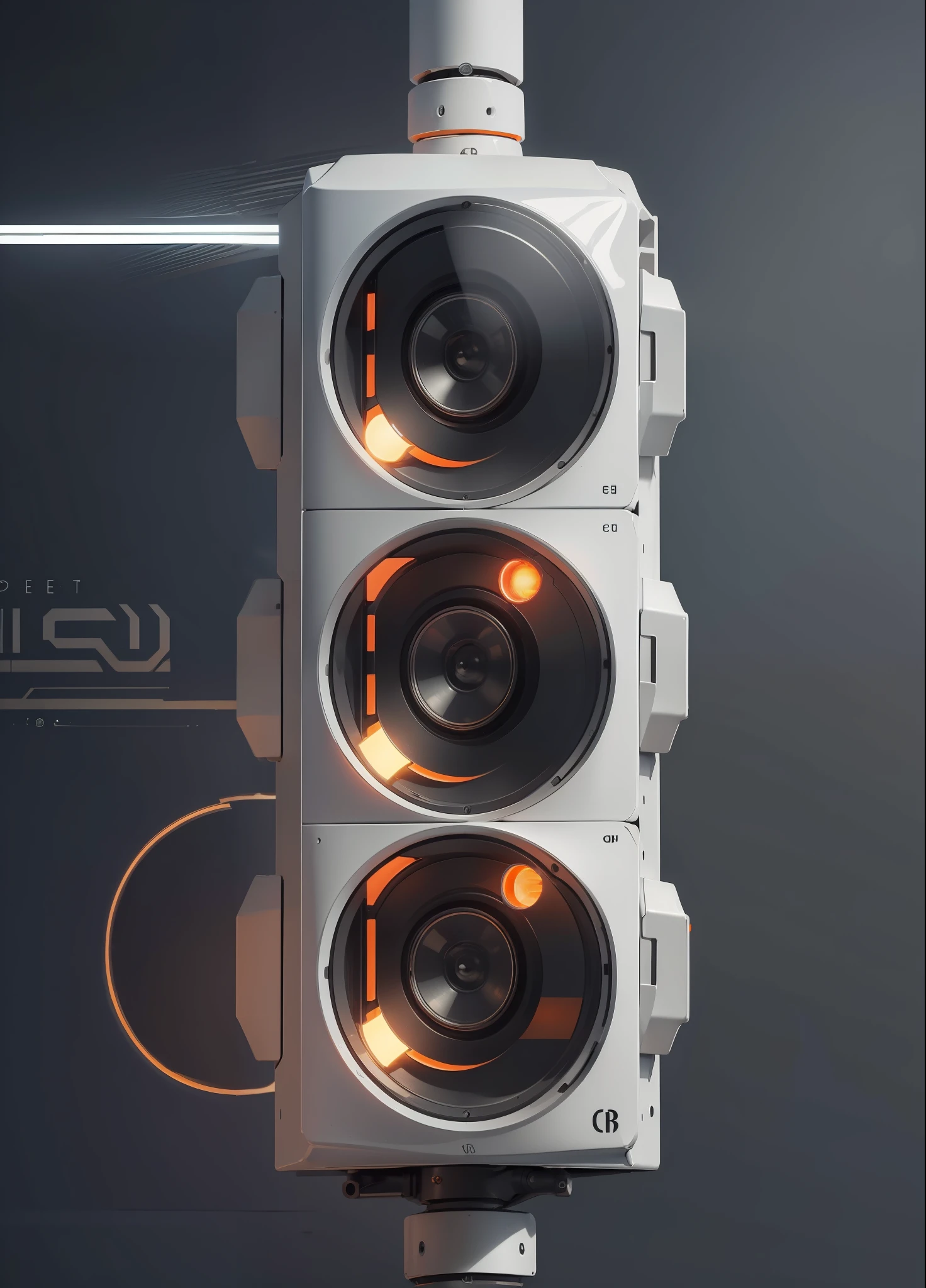 a white plastic producr design of traffic lights with three orange lights, (masterpiece), (best quality), photorealistic, 8k raw photo, ultra high res, mechanics, mechanical parts, product photo, studio shot, complex lighting, black background studio