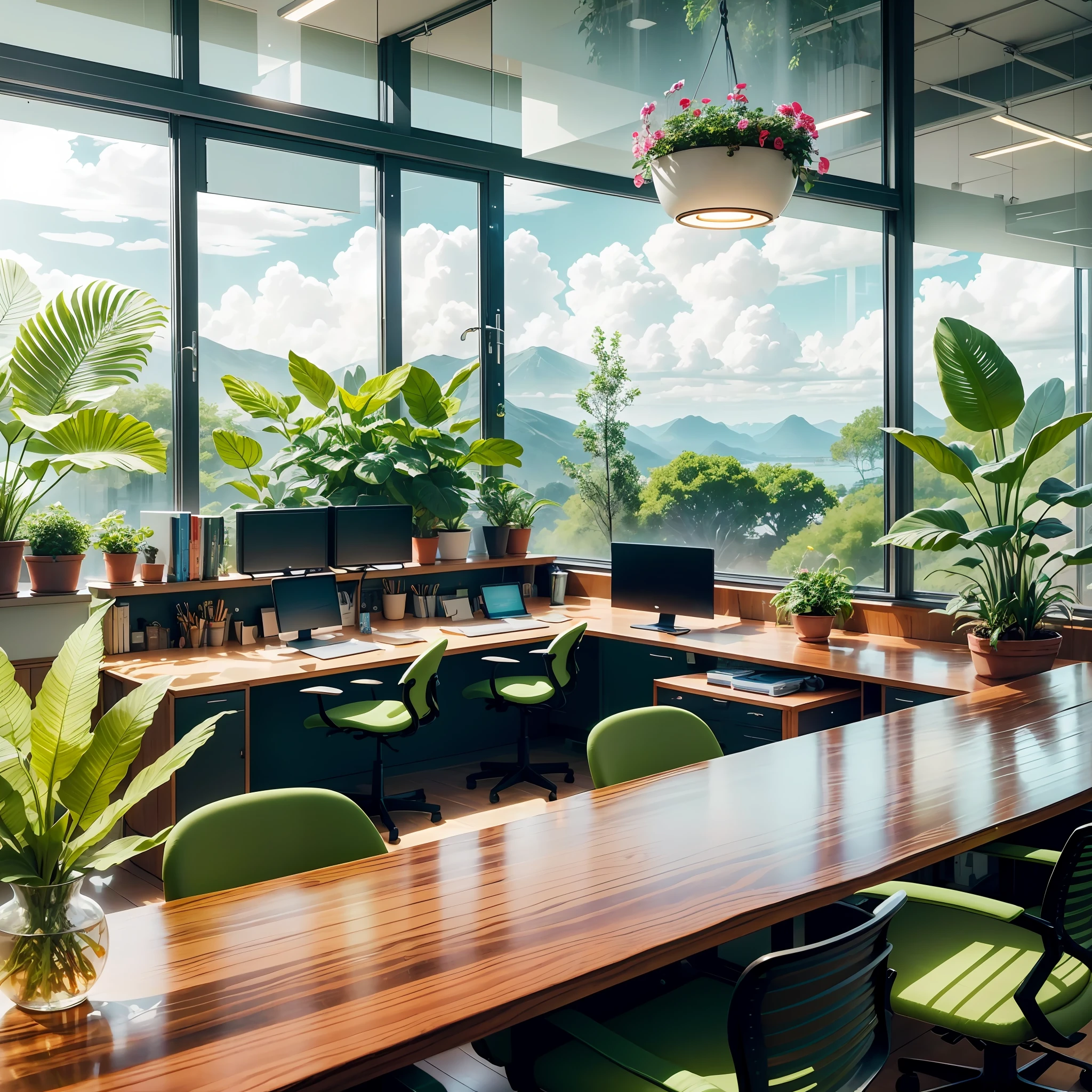 a bustling open-space office designed to harmonize productivity and natural elements. The expansive room is dotted with multiple table islands, each equipped with sleek computers and high-resolution screens, where teams collaborate seamlessly. Amidst the productive hubbub, an abundance of vibrant flowers and verdant plants are thoughtfully placed, infusing the space with a refreshing touch of nature. Delicate orchids and cascading vines add a splash of color to the workstations, while strategically positioned aquariums with graceful fish create a sense of tranquility and wonder. Ample natural light floods through the large windows, casting a soft glow on the meticulously arranged desks. Meanwhile, carefully positioned adjustable lighting fixtures ensure an ideal work environment, providing optimal illumination for focused tasks. This meticulously curated blend of functionality, natural beauty, and cutting-edge technology creates an inspiring and invigorating atmosphere, promoting both productivity and well-being. --auto --s2
