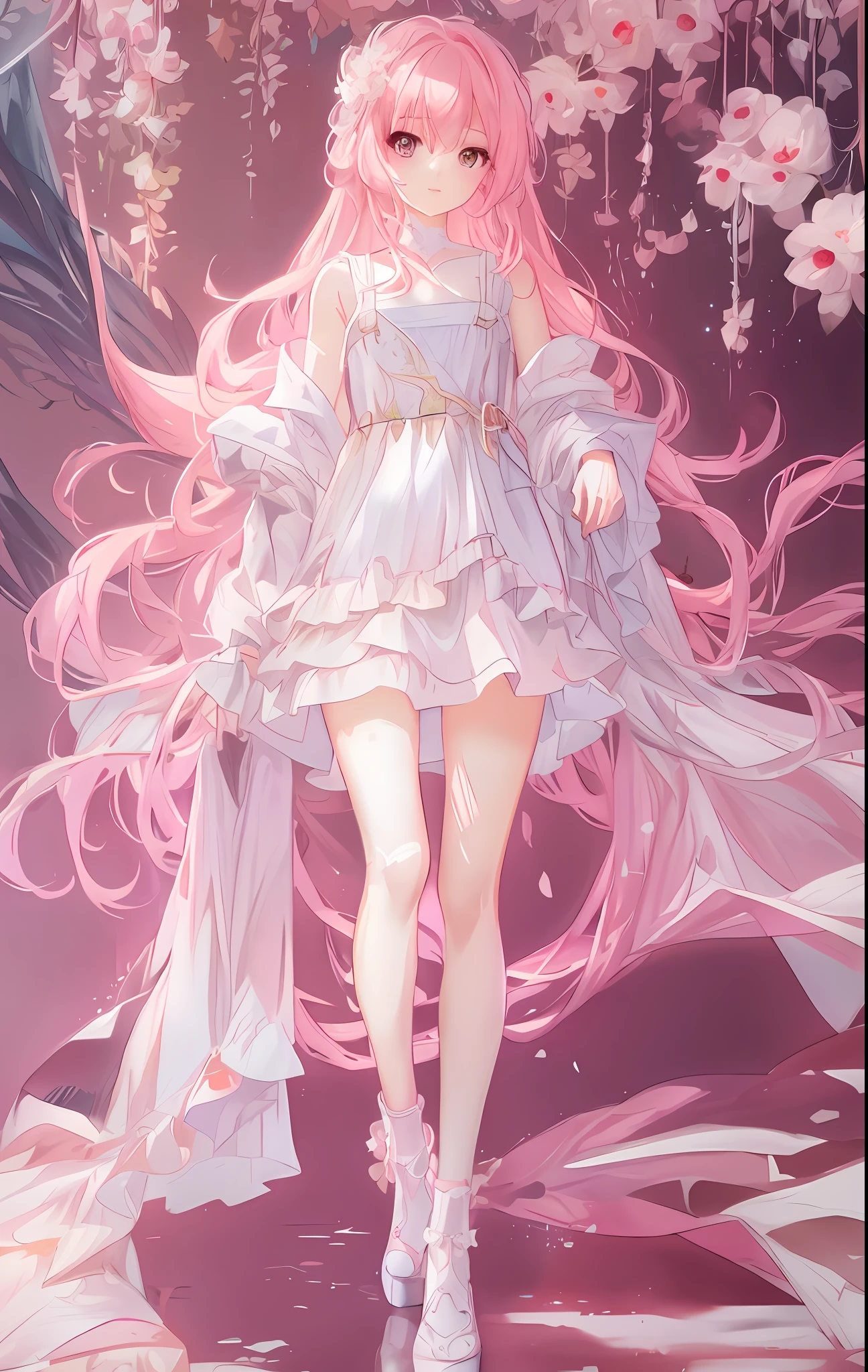 Anime girl in white dress, cute loli, flowing magic robe and white robe, long pink hair and white dress, white shoes, clean, detailed, beautiful anime artwork, Lolita shoes, vivid, realistic, intoxicating CG art, digital art, art on guweiz and pixiv, fantasy fantasy anime, the picture protagonist is a cute anime loli in white.