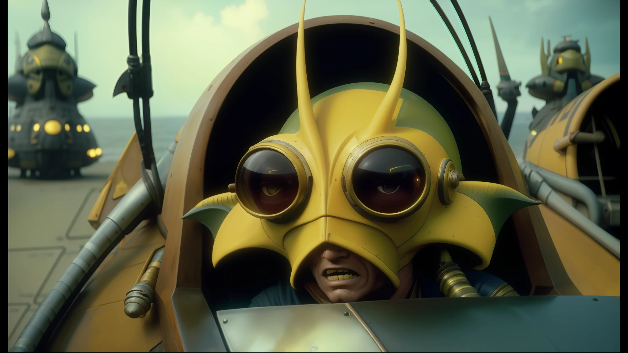 there is a man in a yellow and black costume in a yellow car, nute gunray, airships, high resolution film still, saw, ani, 4, full width, fishpeople, goblin, colorised, cockpit, nausicaa, pepe, navigator glasses, 2 0 5 0 s, crustacean, rule 34, fly