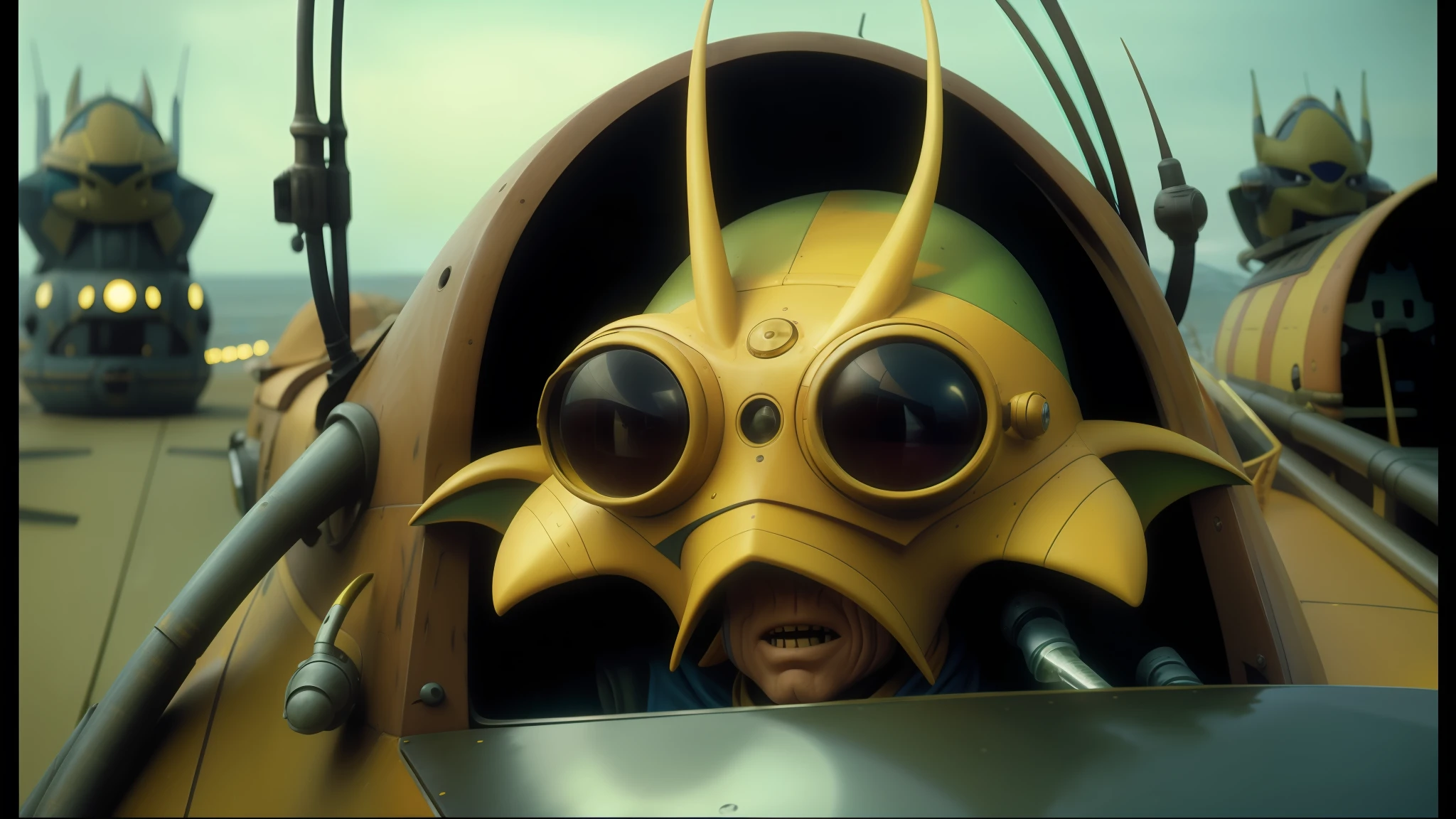 there is a man in a yellow and black costume in a yellow car, nute gunray, airships, high resolution film still, saw, ani, 4, full width, fishpeople, goblin, colorised, cockpit, nausicaa, pepe, navigator glasses, 2 0 5 0 s, crustacean, rule 34, fly