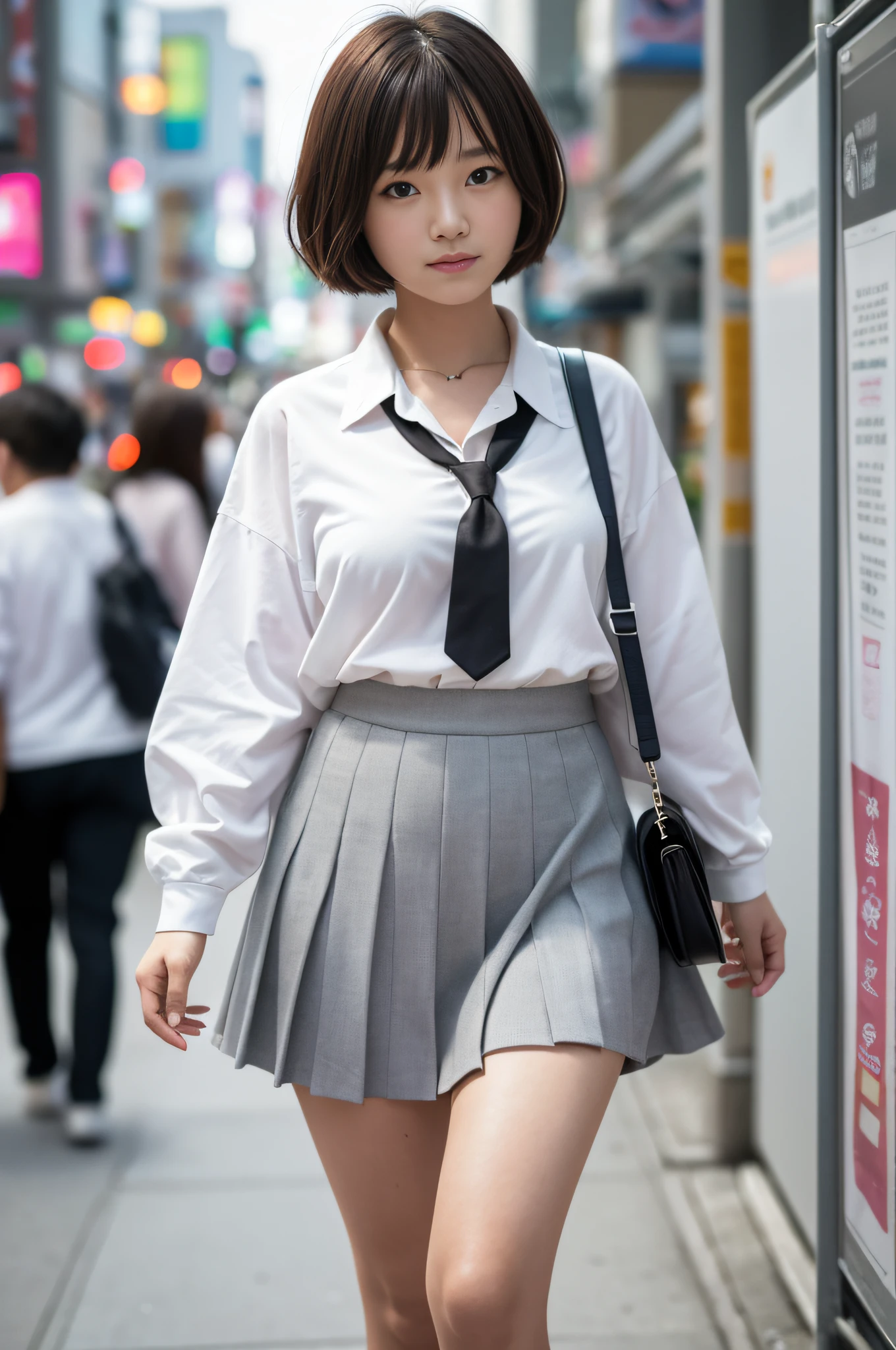 Ultra top quality, masterpiece, ultra high resolution, (photorealistic: 1.4), highly detailed CG Unity 8k wallpaper, detailed and complex, original, high resolution, raw photos, (perfect body shape), finely complex, DSLR, soft lighting, high quality, film grain, depth of field, Leica camera, 50mm lens, backlight, HDR, hyperrealistic, color grade, dynamic pose, portrait, Japan person, smile, lips, short hair, bangs, (crowded Akihabara: 1.2), front view viewer, natural light, girl, 20 years old, full body, solo, student, high school, uniform, sailor color, bobby socks, pleated skirt, daytime, street, deep shadow, cute, beauty, modest, cold light 12000K\\ street, store state, Akihabara, Shinjuku, Shibuya, Ikebukuro, detailed realism, skin texture, super detailed, realistic skin texture, (dramatic, award-winning photos, incredible masterpieces: 1.3)