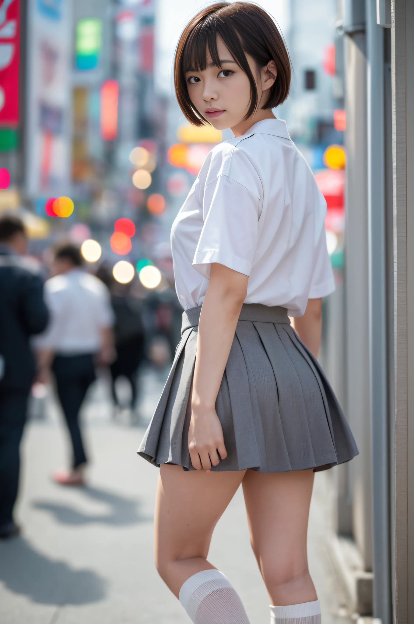 Ultra top quality, masterpiece, ultra high resolution, (photorealistic: 1.4), highly detailed CG Unity 8k wallpaper, detailed and complex, original, high resolution, raw photos, (perfect body shape), finely complex, DSLR, soft lighting, high quality, film grain, depth of field, Leica camera, 50mm lens, backlight, HDR, hyperrealistic, color grade, dynamic pose, portrait, Japan person, smile, lips, short hair, bangs, (crowded Akihabara: 1.2), front view viewer, natural light, girl, 20 years old, full body, solo, student, high school, uniform, sailor color, bobby socks, pleated skirt, daytime, street, deep shadow, cute, beauty, modest, cold light 12000K\\ street, store state, Akihabara, Shinjuku, Shibuya, Ikebukuro, detailed realism, skin texture, super detailed, realistic skin texture, (dramatic, award-winning photos, incredible masterpieces: 1.3)