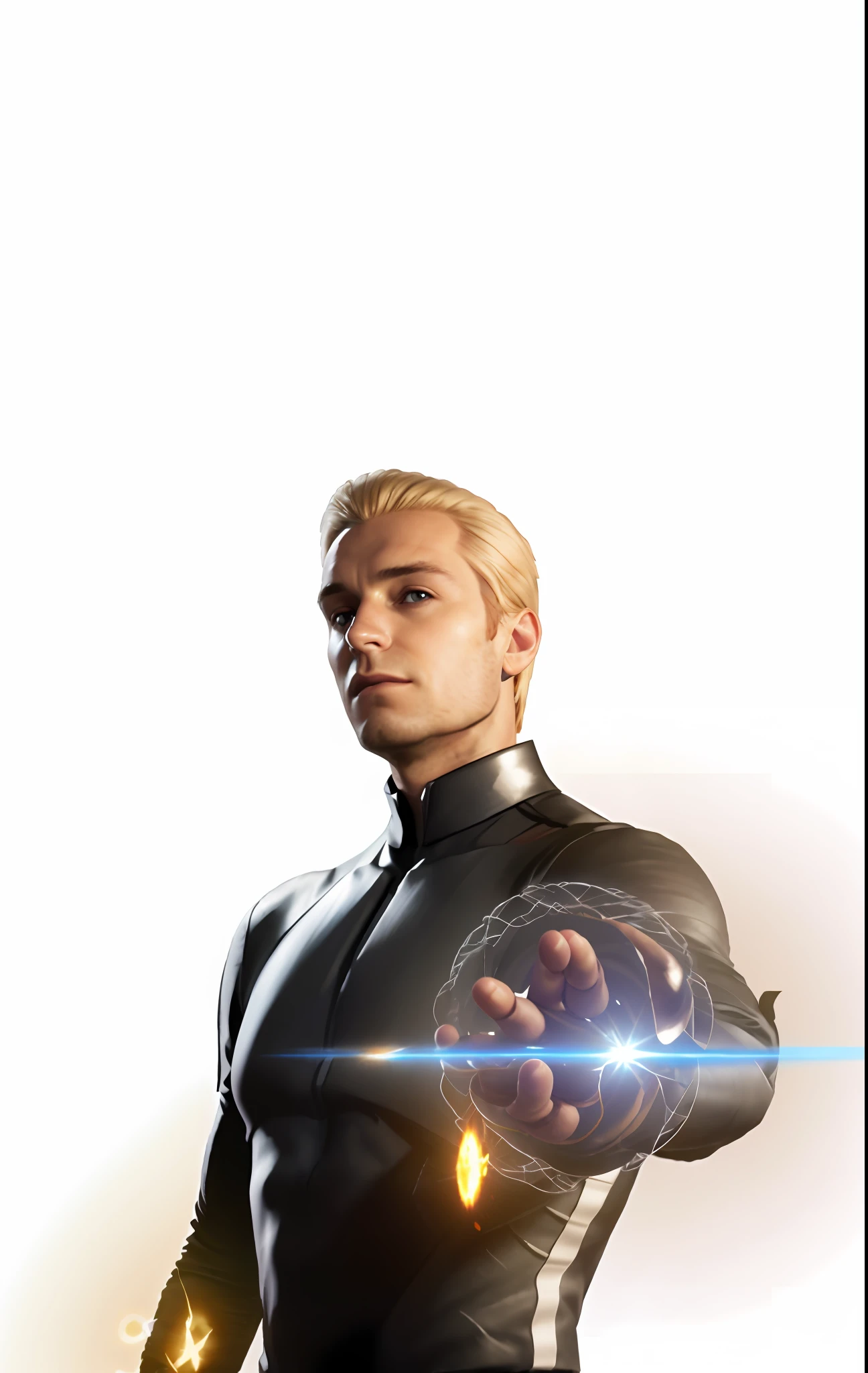 arafed man in a black suit holding a glowing orb, xqc, avatar image, promo art, human torch, promotional art, avatar with a blond hair, portrait of adam jensen, promotional render, unreal 5. rpg portrait, solid background, quicksilver, key art, fan art, metahuman, 3 d demo reel avatar, digital art, digital art