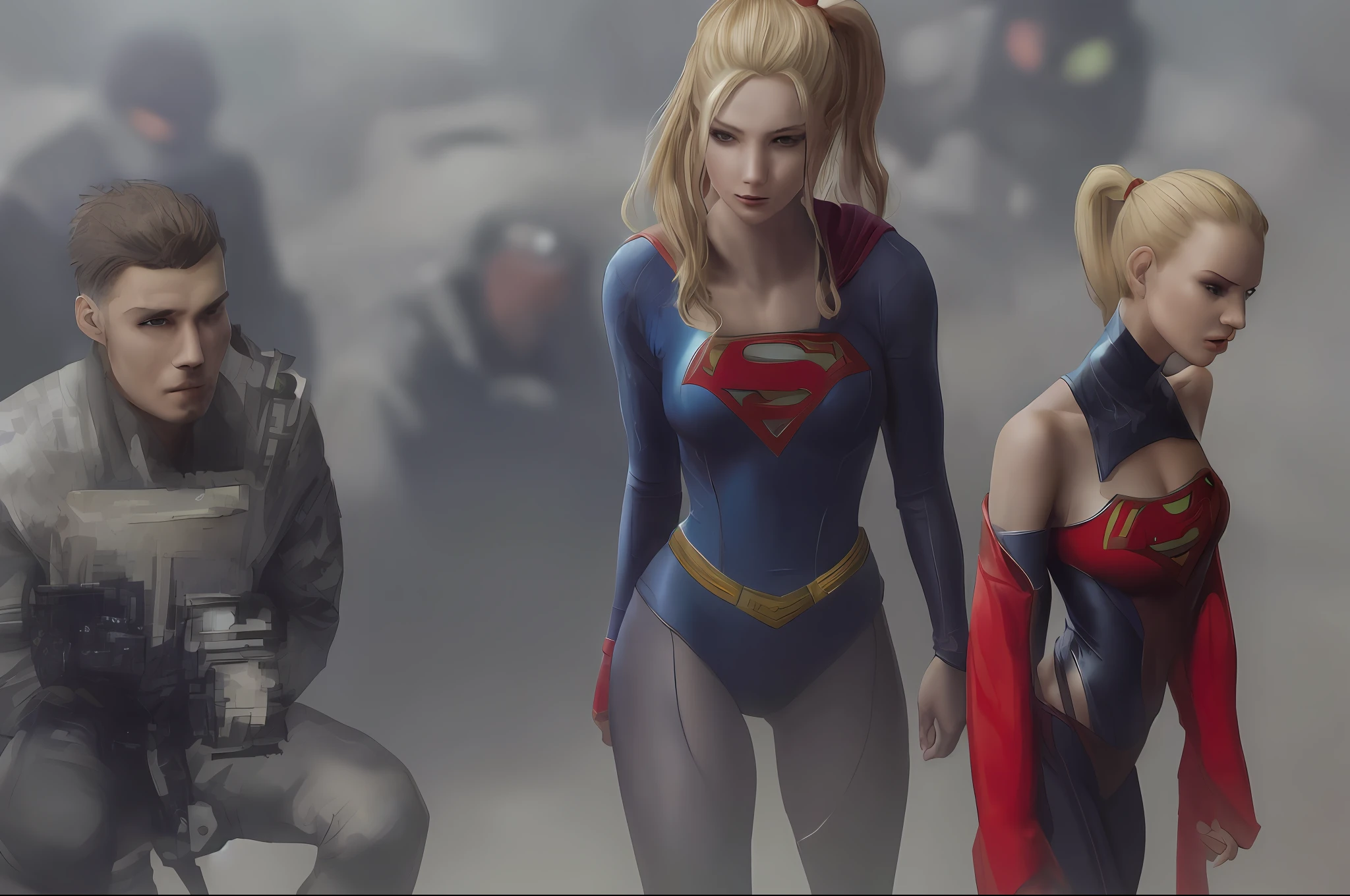 ultra detailed, masterpiece, best quality, supergirl, smile, skin tight high cut skinny bodysuit, cyberpunk style short red cape, blonde ponytail, exposed neck and collarbone, bare shoulders, detailed blue eyes, small breasts, red thigh highs boots, cyborg, robotic parts, luxurious cyberpunk, public, photographer, press conference