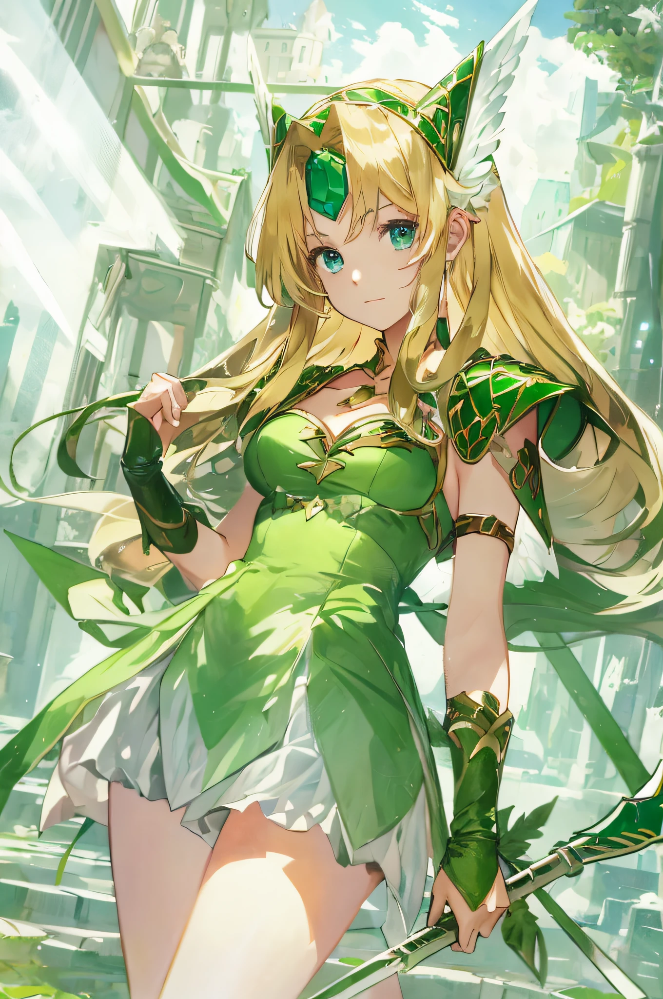 1 Delicate Girl,,Paul Weapon,Solo, Green Leotard,White Skirt,Blonde Hair, Long Hair, Green Eyes, Spear,Middle Chest, Shoulder Armor,,Winged Helmet,Green Emerald Helmet,Theme [Rocky Mountain: Blue Sky:0.5] --auto --s2