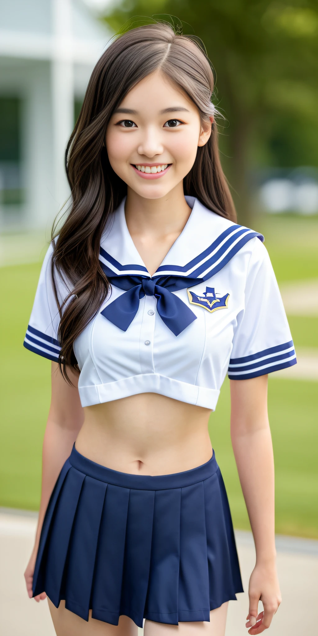 neat college girl, (school uniform, sailor uniform, ribbon tied at chest, summer uniform, upper body white, skirt is navy blue), outside the athletic field, (slim), photorealistic, detail, skin texture, ultra detail, delicate and sexy collarbone, smile, super detailed face, detailed lips, detailed eyes, double eyelids, small breasts, small breasts, small, flat breasts, breast emphasis