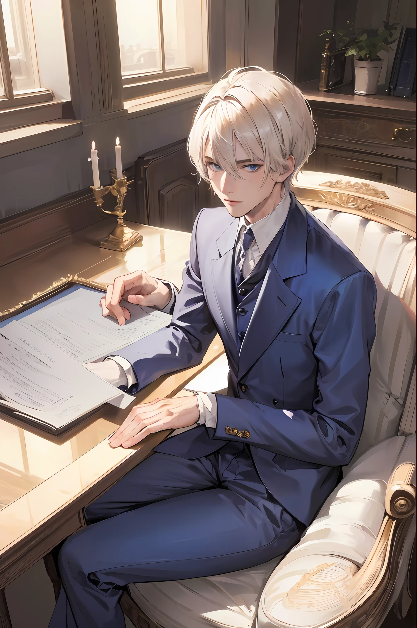 Official art, masterpiece, sharp focus, (beautiful gorgeous man:1.3), (beautiful man:1.3), delicate and beautiful hair and eyes and face, realistic, very detailed, beautiful man, sitting at the desk of the aristocratic office, (side lighting:1.2), dust effect, thin, ((looking ahead, eyes open)), short straight hair, building, (view diameter: 1.7), calm hair, detailed platinum blonde hair, shining blue eyes, gorgeous western suit, serious expression,  Sitting cross-legged, smiling brightly