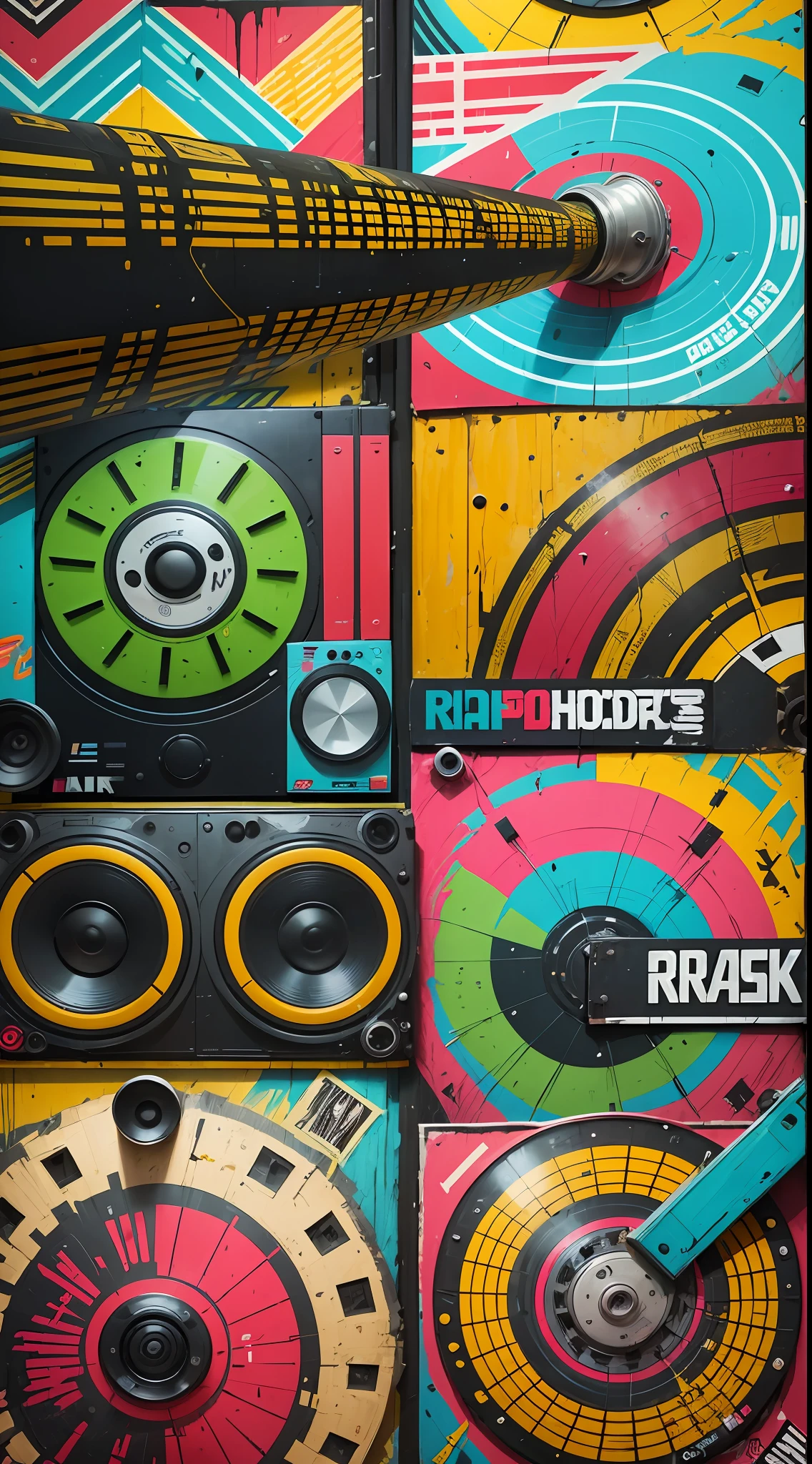 flyer uses images of microphones, turntables, cassettes, headphones and other elements that are related to rap and hip hop music. Use graffiti photographs, street murals, and other street culture elements that represent the aesthetics of rap and hip hop. You can make use of illustrations by renowned rap and hip hop artists, using drawing or painting techniques. Use patterns and colors that represent hip hop culture, such as black, red, blue, green, and more. Create an abstract design that references rap music, using geometric shapes, curved lines, and vibrant colors. It includes various elements that refer to hip hop culture, such as letters and numbers in graffiti style, breakdance images, among others. --auto --s2