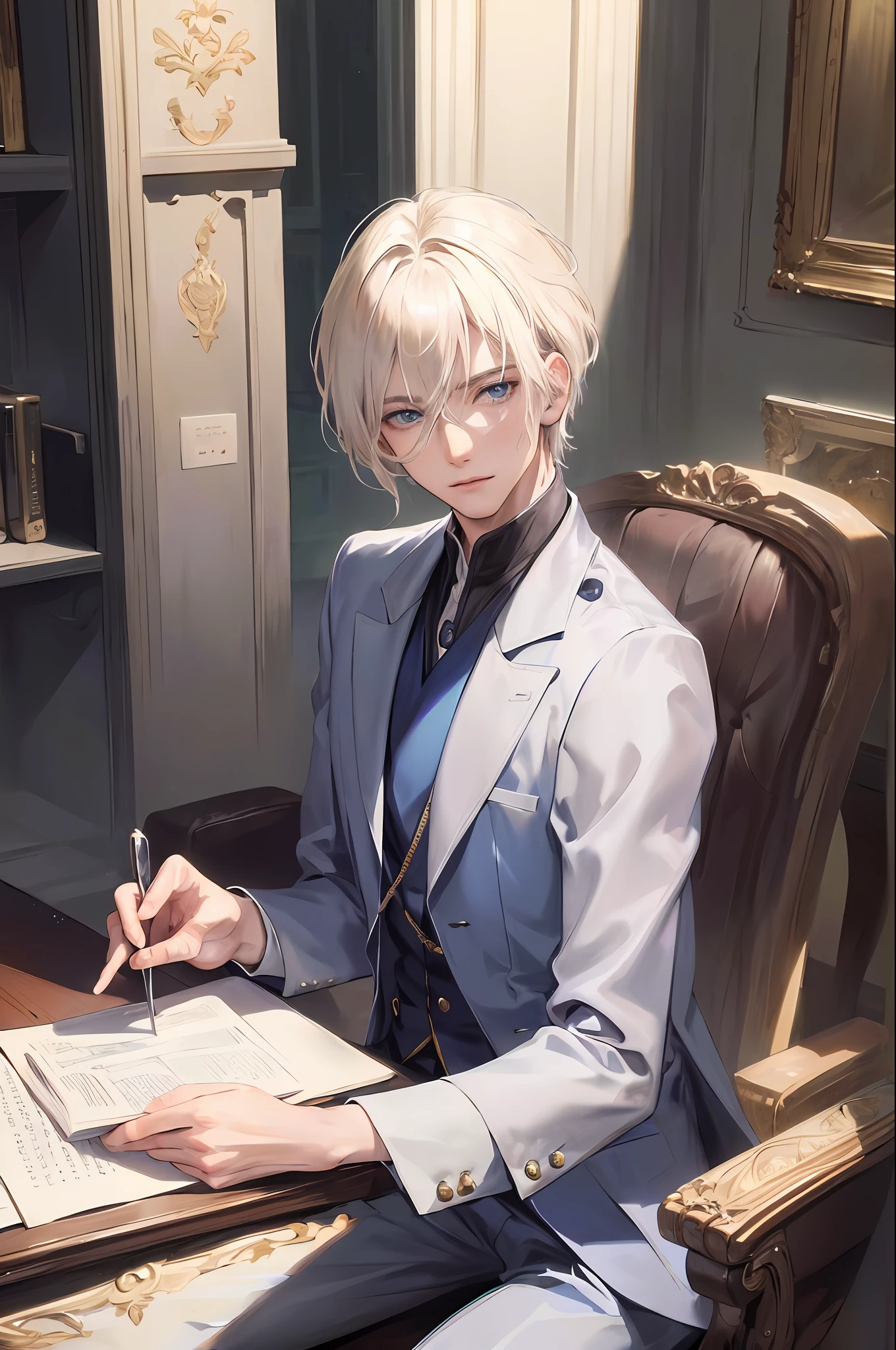 Official art, masterpiece, sharp focus, (beautiful gorgeous man:1.3), (beautiful man:1.3), delicate and beautiful hair and eyes and face, realistic, very detailed, beautiful man, sitting at the desk of the aristocratic office, (side lighting:1.2), dust effect, thin, ((looking ahead, eyes open)), short straight hair, building, (view diameter: 1.7), calm hair, detailed platinum blonde hair, shining blue eyes, gorgeous western suit, serious expression, Sitting cross-legged, smiling brightly