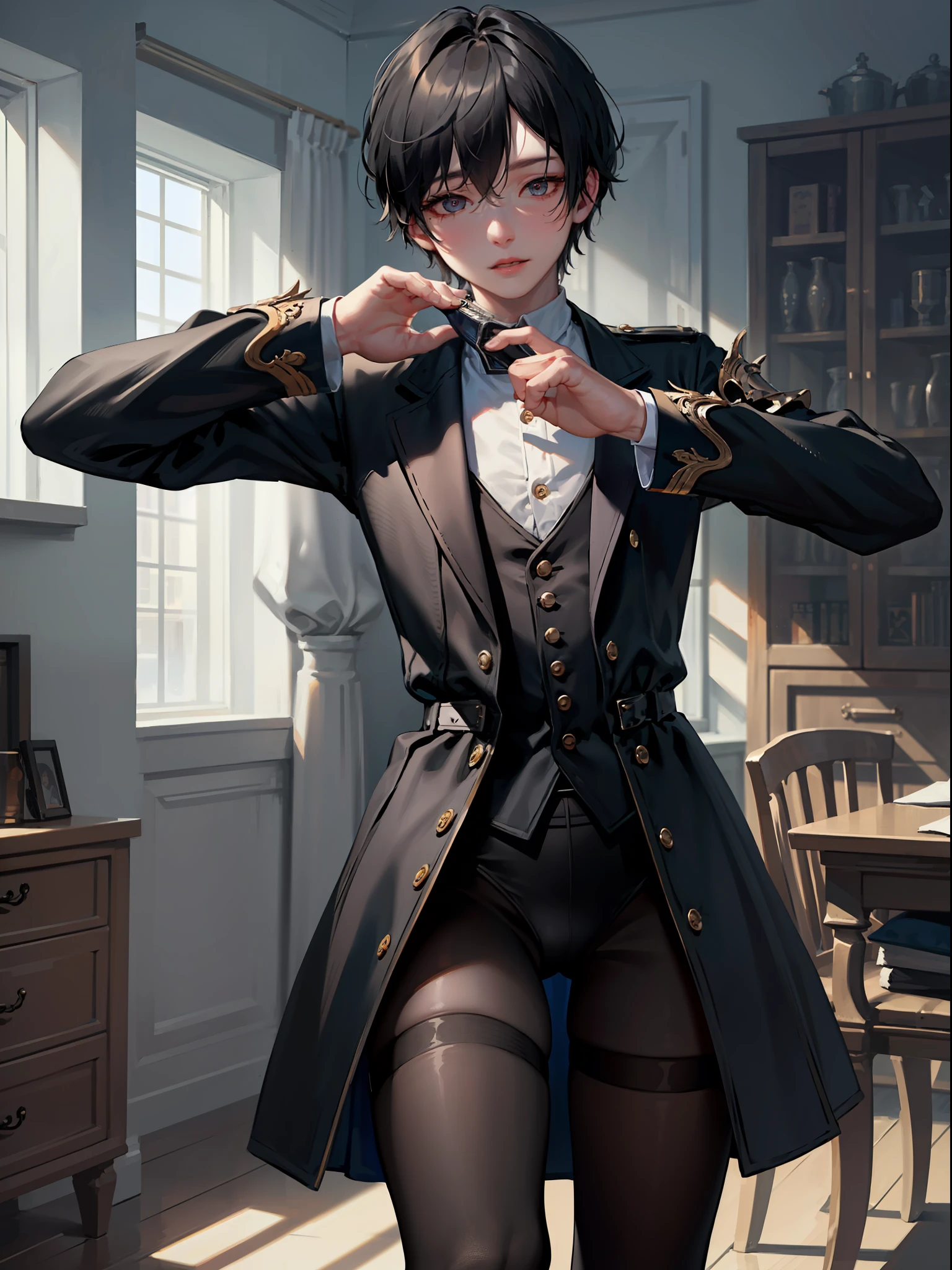1Boy, underwear only, detailed face, detailed hands, detailed legs, detailed fingers, detailed hair, detailed eyes, detailed skin, dynamic lighting, pantyhose horns