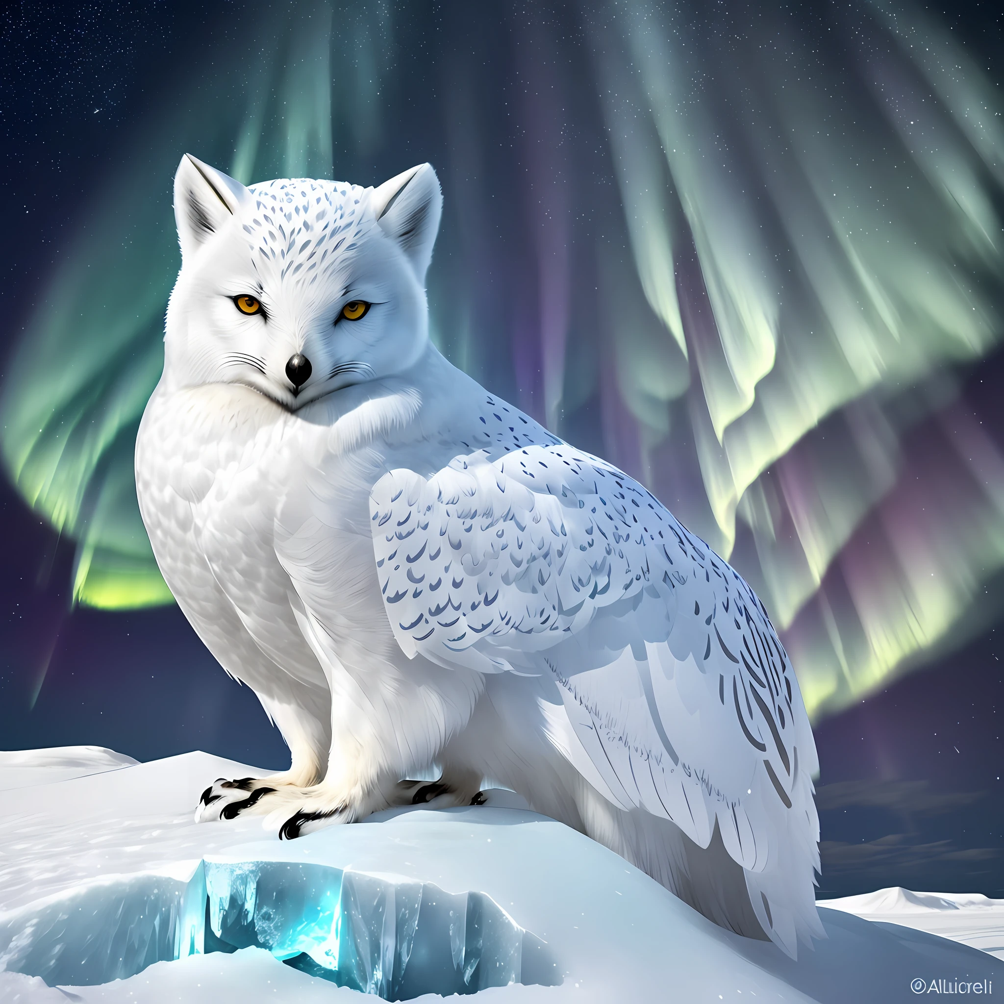 A beautiful white arctic owl in the foreground, on a block of ice with a raw texture, contrasting with the night sky that presents a stunning aurora borealis. (embedding: "Arctic Fox", "Iceberg", "Blurred Stars") --auto --s2