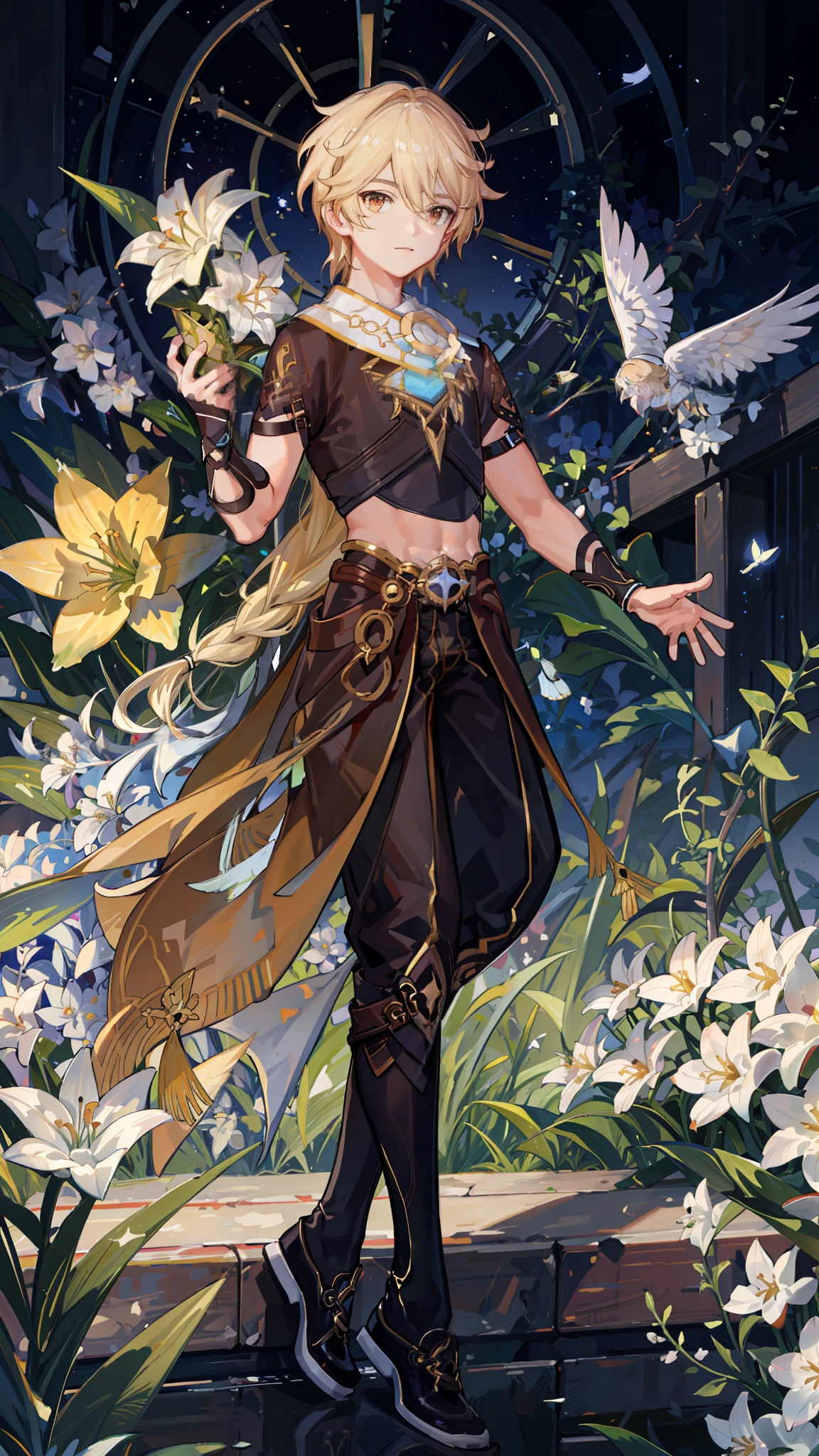 absurdres, masterpiece, best quality, ultra-detailed illustration, (1man:1.3), absurdres high detailed face, blonde hair with a braid, brown clothes, crop top, white lilies, lots of white flowers on background and foreground, depth of field, at night, starry sky, 1male solo