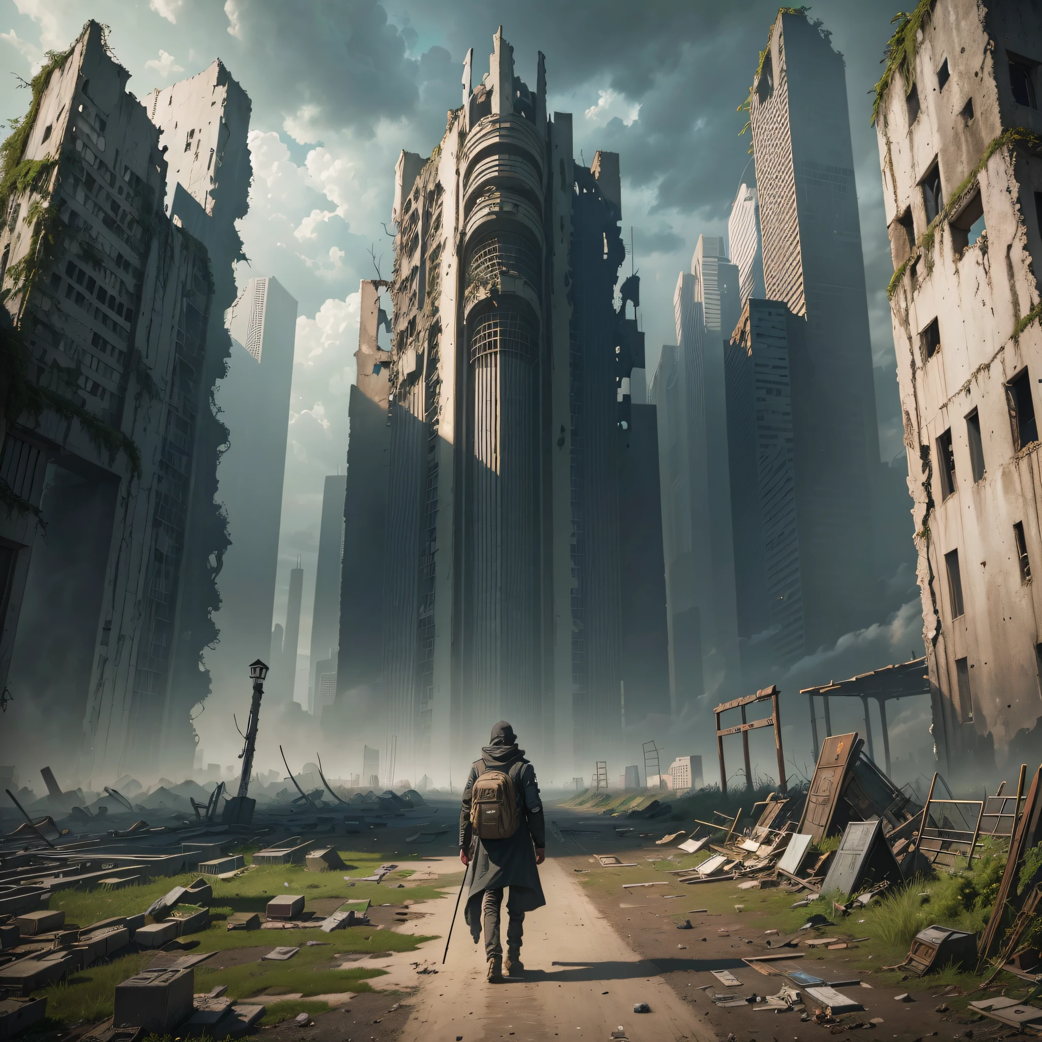 Create an artwork that showcases a desolate, post-apocalyptic world where nature has reclaimed the cities from mankind. The artwork should feature the ruins of a grand city buried under a blanket of overgrown vines and trees, with the impression that years of neglect have created a new ecosystem. The surrounding landscape should depict a gray, somber atmosphere, with a dark sky casting an eerie light over the scene. In the foreground, a lone traveler stands amidst the ruins, dressed in tattered clothing and holding a survival pack. The traveler could be a human or a cyborg. The viewer should feel a sense of both isolation and survival as they contemplate the universe shown in the artwork --auto --s2