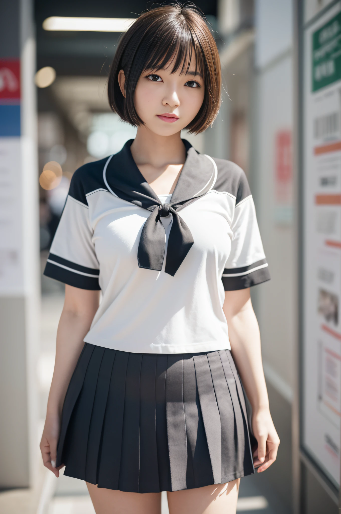 Ultra top quality, masterpiece, ultra high resolution, (photorealistic: 1.4), highly detailed CG Unity 8k wallpaper, detailed and complex, original, high resolution, raw photos, (perfect body shape), finely complex, DSLR, soft lighting, high quality, film grain, depth of field, Leica camera, 50mm lens, backlight, HDR, hyperrealistic, color grade, dynamic pose, portrait, Japan person, smile, lips, short hair, bangs, (crowded Akihabara: 1.2), front view viewer, natural light, girl, 20 years old, full body, solo, student, high school, uniform, sailor color, bobby socks, pleated skirt, daytime, street, deep shadow, cute, beauty, modest, cold light 12000K\\ street, store state, Akihabara, Shinjuku, Shibuya, Ikebukuro, detailed realism, skin texture, super detailed, realistic skin texture, (dramatic, award-winning photos, incredible masterpieces: 1.3)