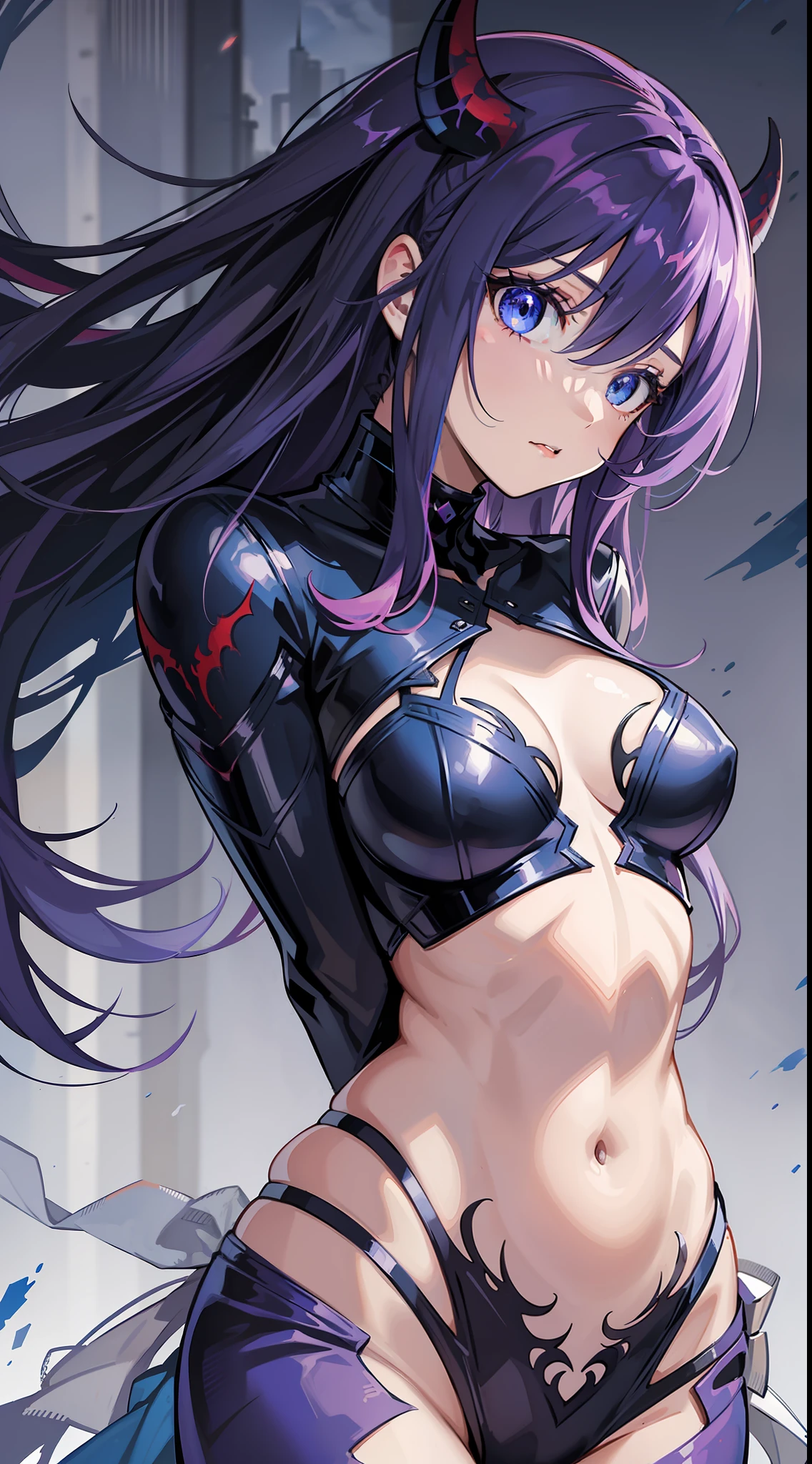 Young girl, long purple hair, blue eyes, blue symbiote costume, Venom, Carnage, blood, claws, masterpiece, high quality, open belly