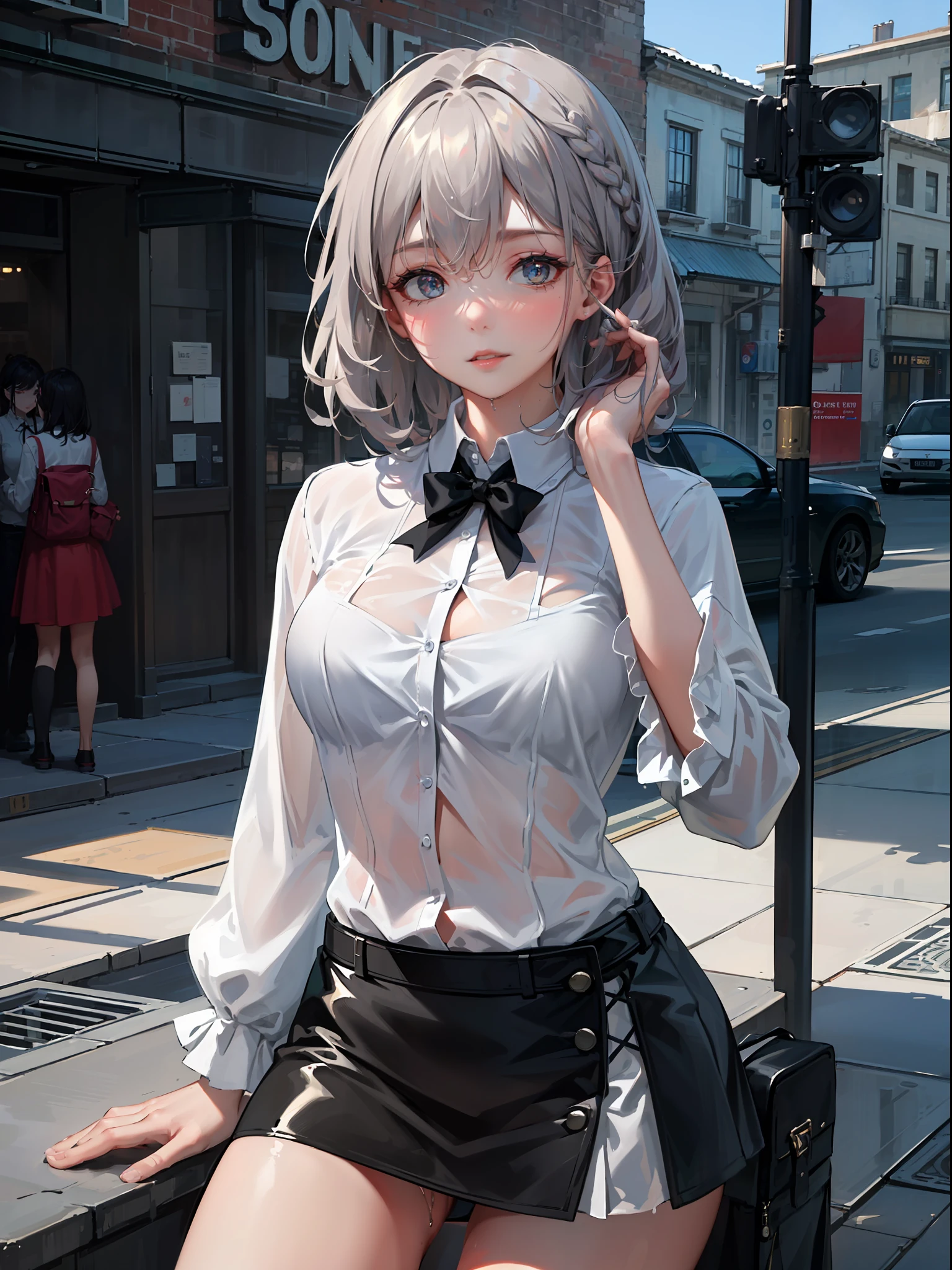 ((Best Quality, 8K, Masterpiece: 1.3)), Sharp: 1.2, Perfect Body Beauty: 1.4, Slim Abs: 1.2, ((Layered Hairstyle, Big Breasts: 1.2)), (Wet White Button Long Shirt: 1.1), (Rain, Street: 1.2), Wet: 1.5, Highly detailed face and skin texture, detailed eyes, double eyelids, side face looking at the camera