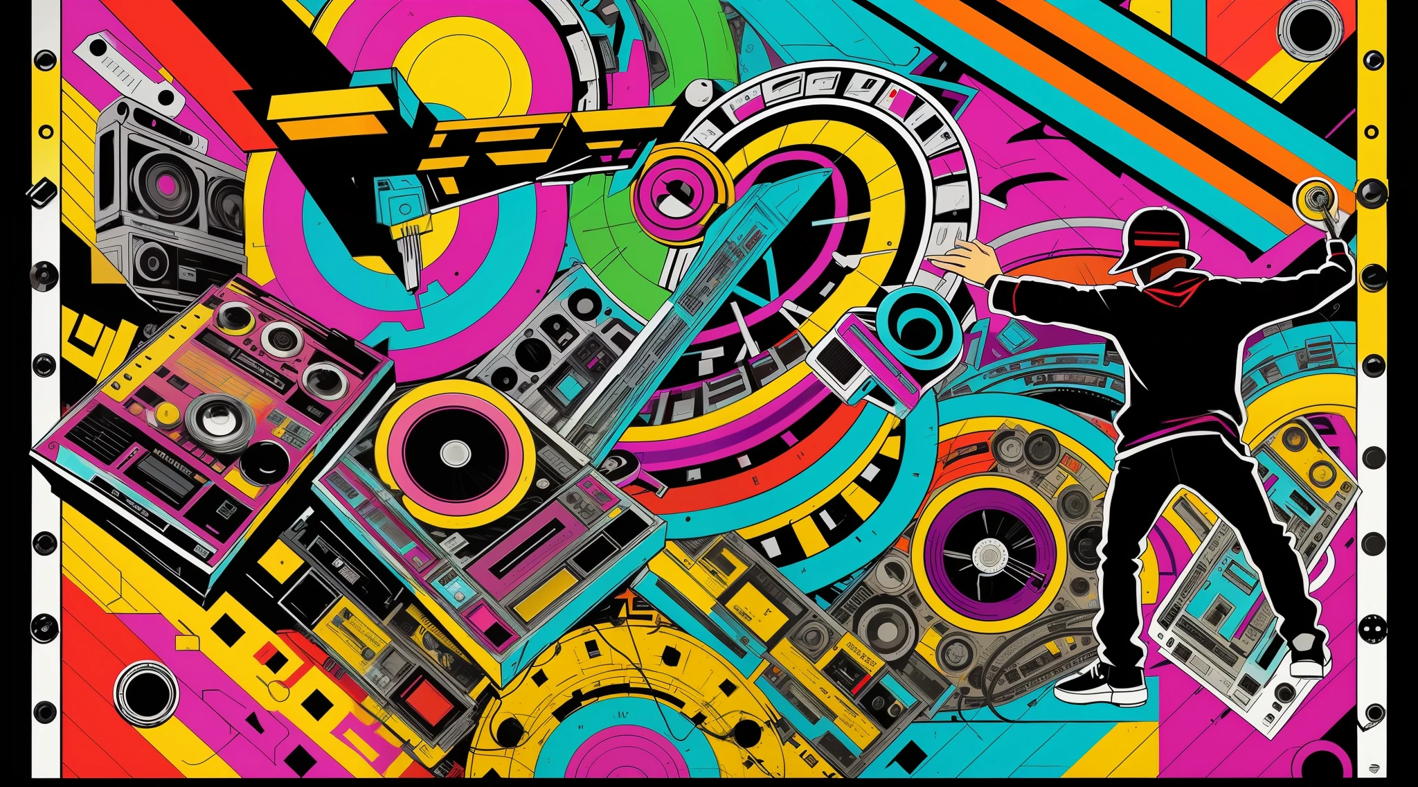 flyer uses images of microphones, turntables, cassettes, headphones and other elements that are related to rap and hip hop music. Use graffiti photographs, street murals, and other street culture elements that represent the aesthetics of rap and hip hop. You can make use of illustrations by renowned rap and hip hop artists, using drawing or painting techniques. Use patterns and colors that represent hip hop culture, such as black, red, blue, green, and more. Create an abstract design that references rap music, using geometric shapes, curved lines, and vibrant colors. It includes various elements that refer to hip hop culture, such as letters and numbers in graffiti style, breakdance images, among others. --auto --s2