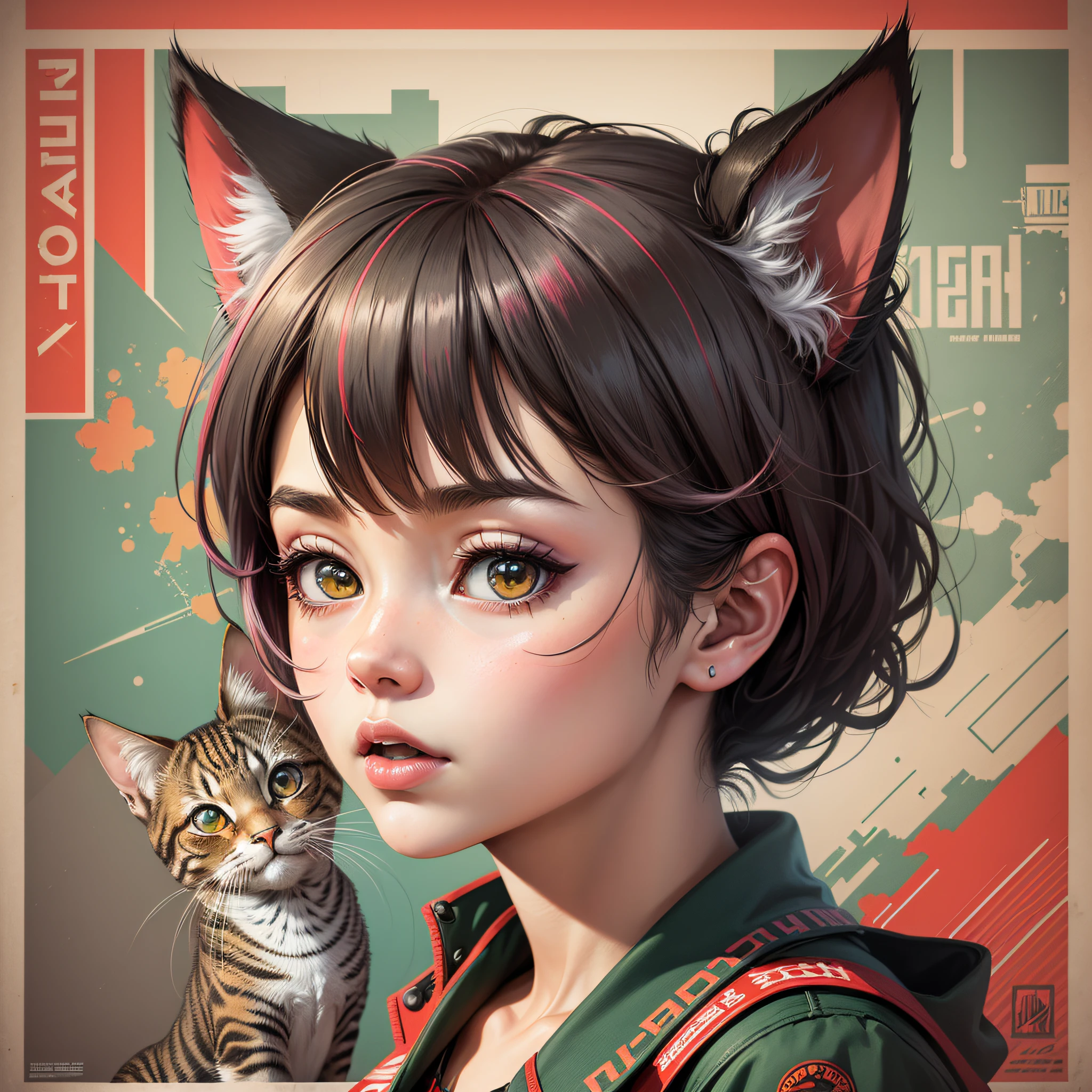 A highly detailed propaganda poster, watch anime, pop art, typography, vintage paper, rule of thirds, trend in artstation, written art /cats --punk girl -psychedelic drawing --auto --s2