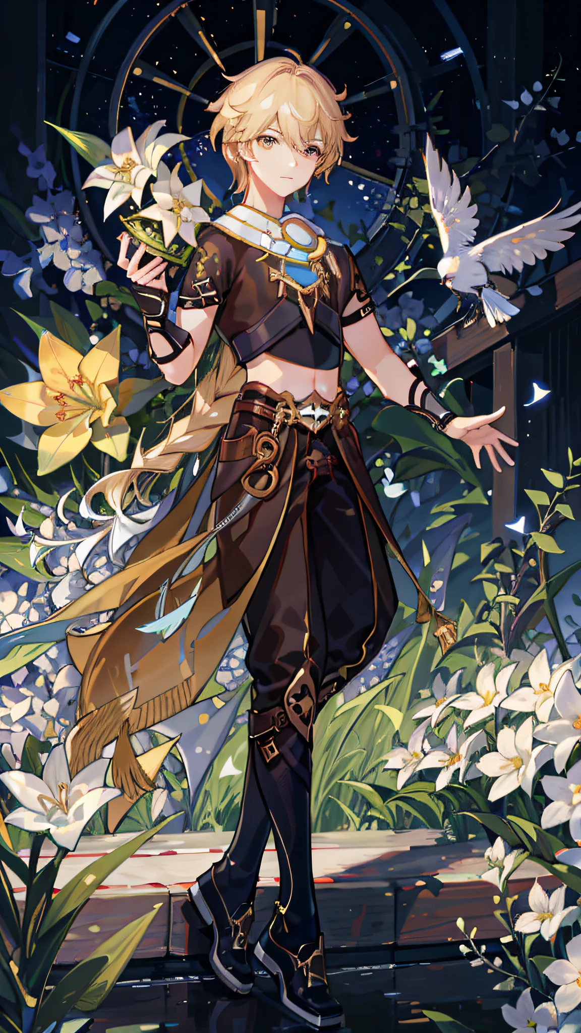 absurdres, masterpiece, best quality, ultra-detailed illustration, (1man:1.3), absurdres high detailed face, blonde hair with a braid, brown clothes, crop top, white lilies, lots of white flowers on background and foreground, depth of field, at night, starry sky, 1male solo