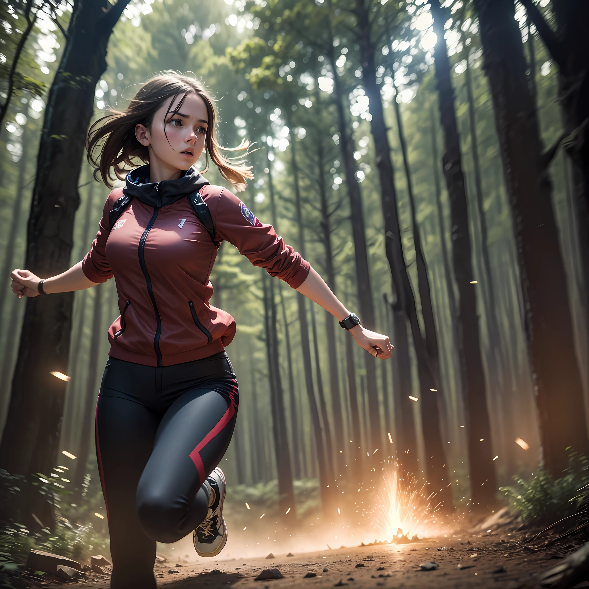 16 year old woman, running out of Forest, Cinema camera resolution, cinematic atmosphere, cinematic lighting hyper realistic super details,8k resolution, around the bullet flare,