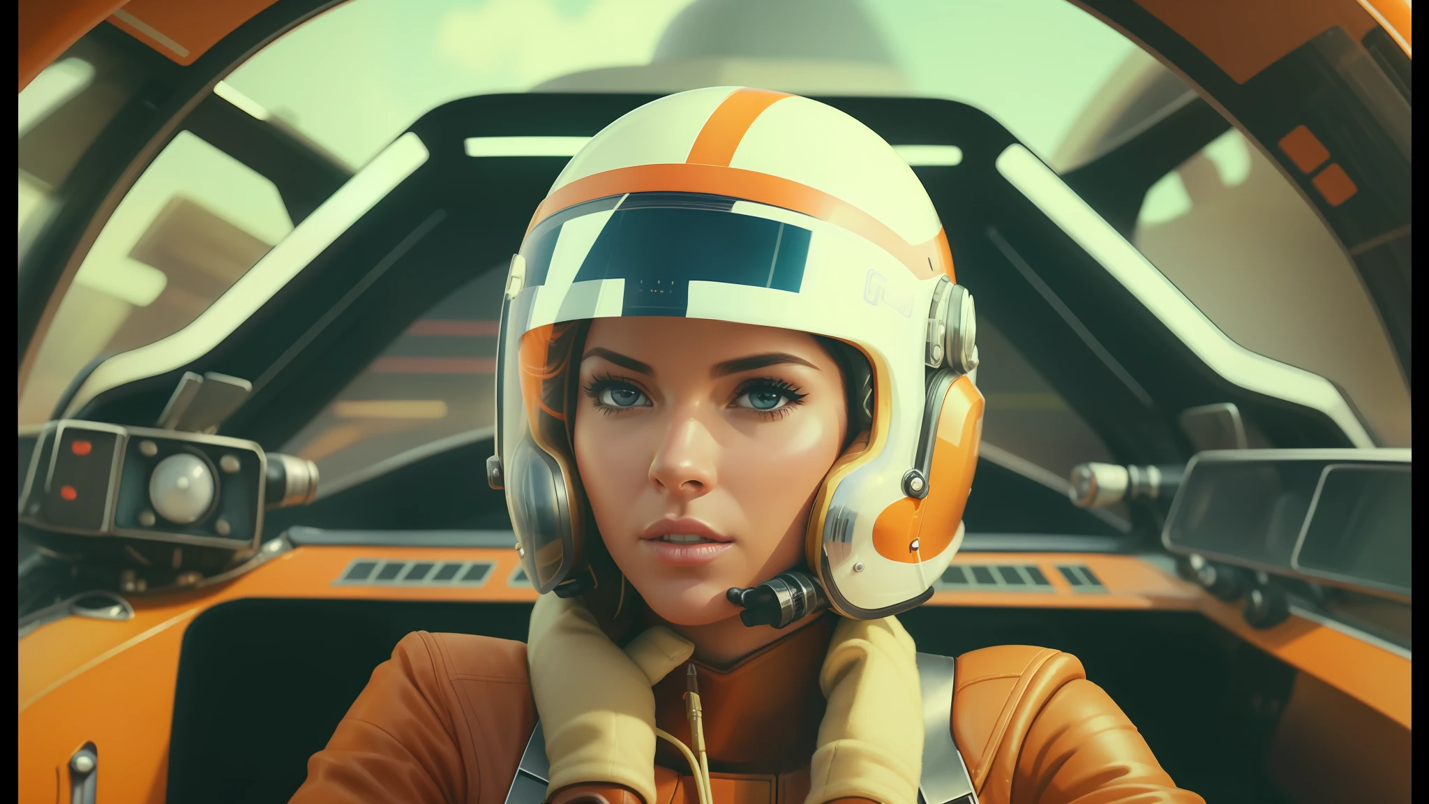 a close up of a woman in a helmet in a cockpit, nick silva and ilya kuvshinov, anamorphic widescreen, pod racer, chambliss giobbi, youtube thumbnail, seventies era, charli bowater and artgeem, super wide angel, barbarella, greg irons, agent orange, blonde female jedi