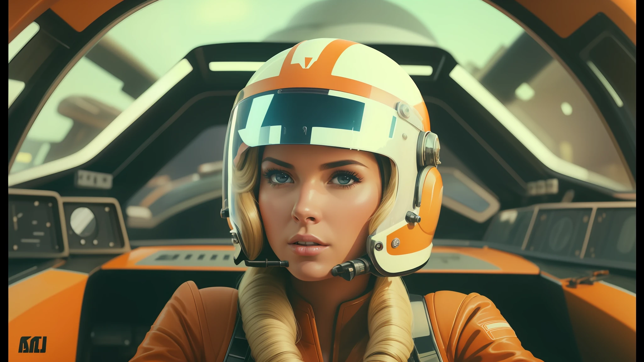 a close up of a woman in a helmet in a cockpit, nick silva and ilya kuvshinov, anamorphic widescreen, pod racer, chambliss giobbi, youtube thumbnail, seventies era, charli bowater and artgeem, super wide angel, barbarella, greg irons, agent orange, blonde female jedi