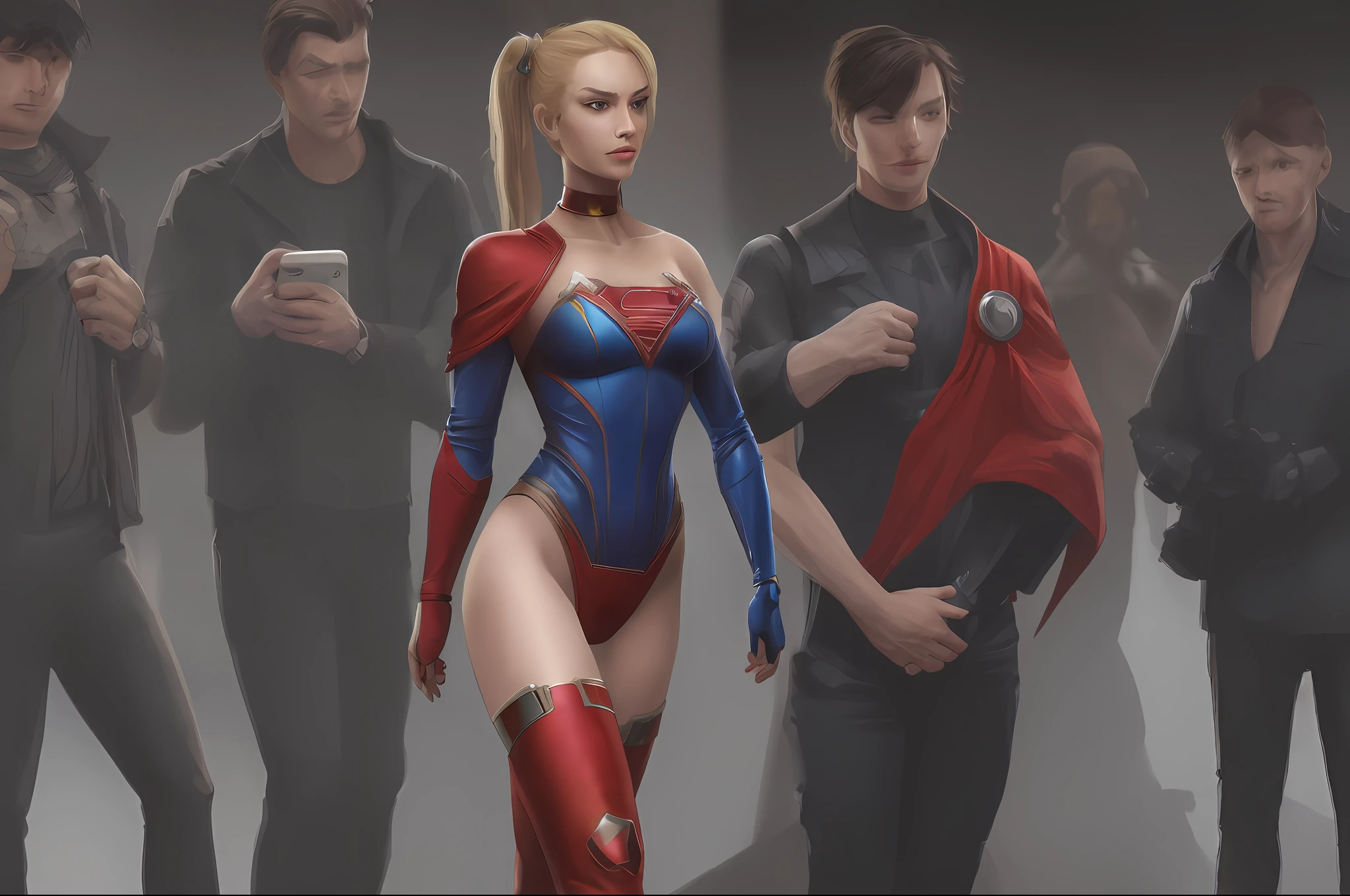 ultra detailed, masterpiece, best quality, supergirl, smile, skin tight high cut skinny bodysuit, cyberpunk style short red cape, blonde ponytail, exposed neck and collarbone, bare shoulders, detailed blue eyes, small breasts, red thigh highs boots, cyborg, robotic parts, luxurious cyberpunk, public, photographer, press conference