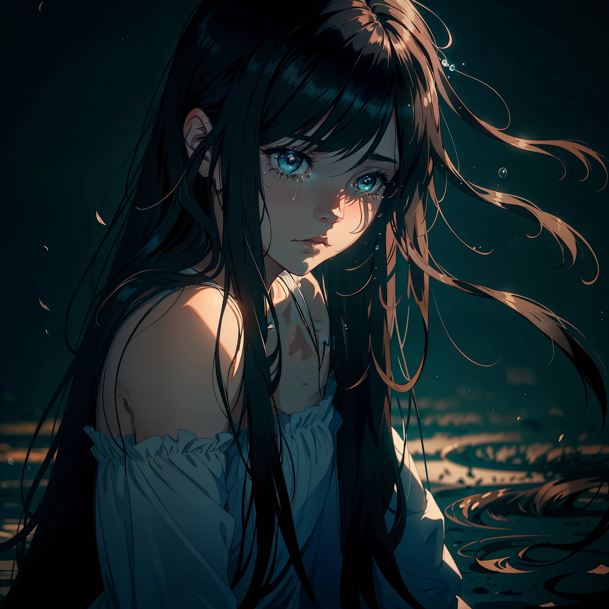 (sadness:1.2),(nostalgia:1.1),beautiful, delicate shadow play, tears running down the face softly, dark and long hair, dark and dramatic background, felt crying, expression charged with intense emotion.