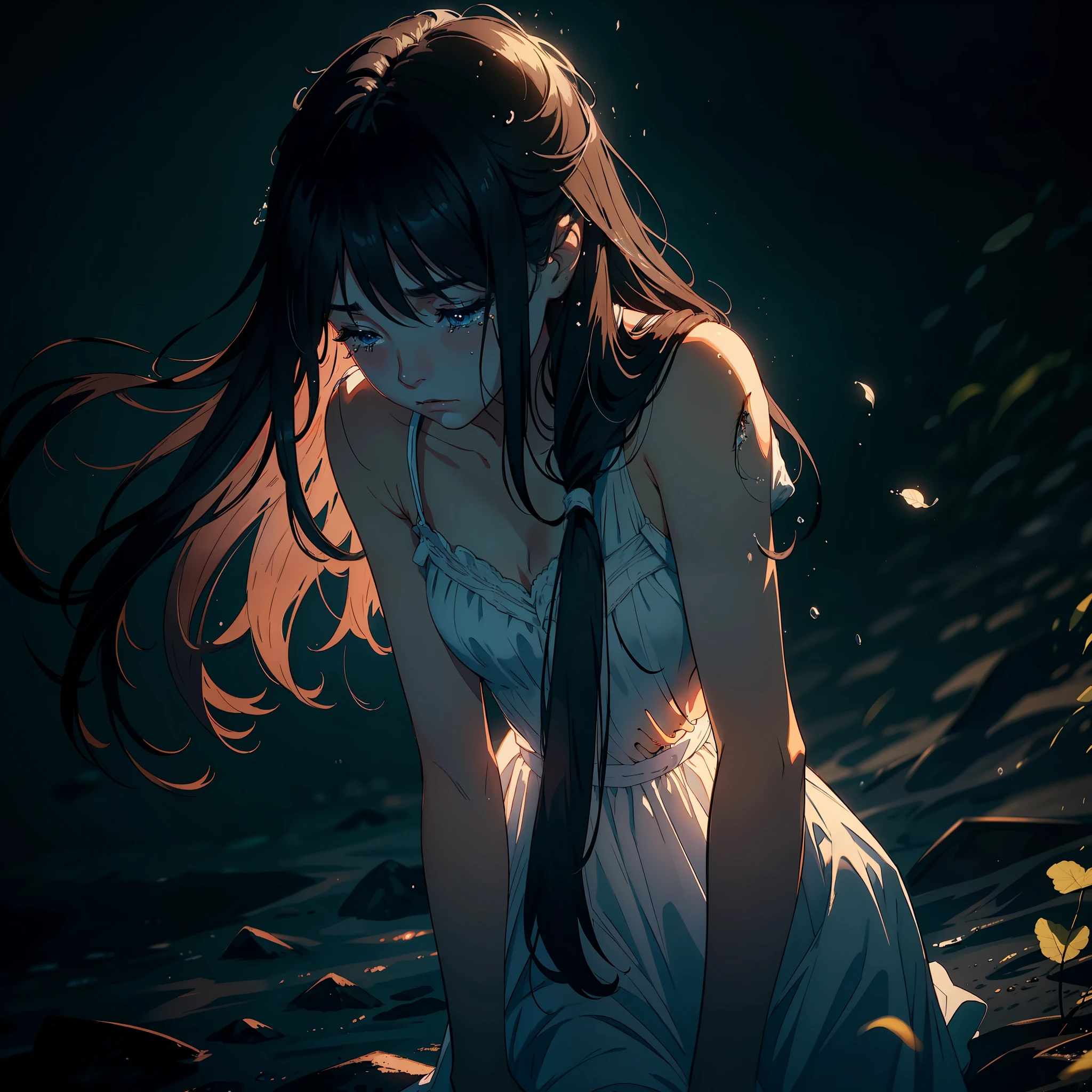 (sadness:1.2),(nostalgia:1.1),beautiful, delicate shadow play, tears running down the face softly, dark and long hair, dark and dramatic background, felt crying, expression charged with intense emotion.