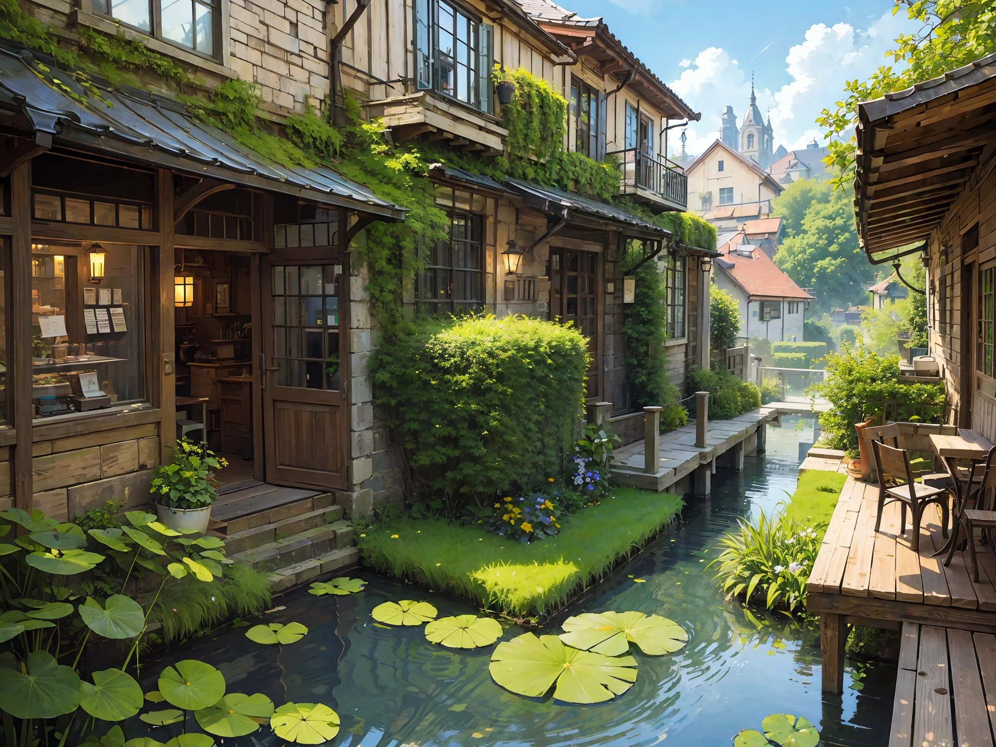 (micro-landscape:1.5),(best quality), ((masterpiece)), (highres), illustration, original, extremely detailed wallpaper, no humans, window, scenery, plant, water, potted plant, outdoors, building, door, house,  flower pot, day, lily pad, chair, flower, table, stairs, watermark, hat, tree,  sunlight, pond, grass, indoors,  reflection, lamp, balcony, black headwear, bush, sky, railing, desk, open window, shelf, leaf, book, web address, copyright name, ladder, architecture, shadow, solo, dated, vines, vase, city, cafe, lantern, bucket, ruins, bench, shop, signature, moss, boat, barrel, river,