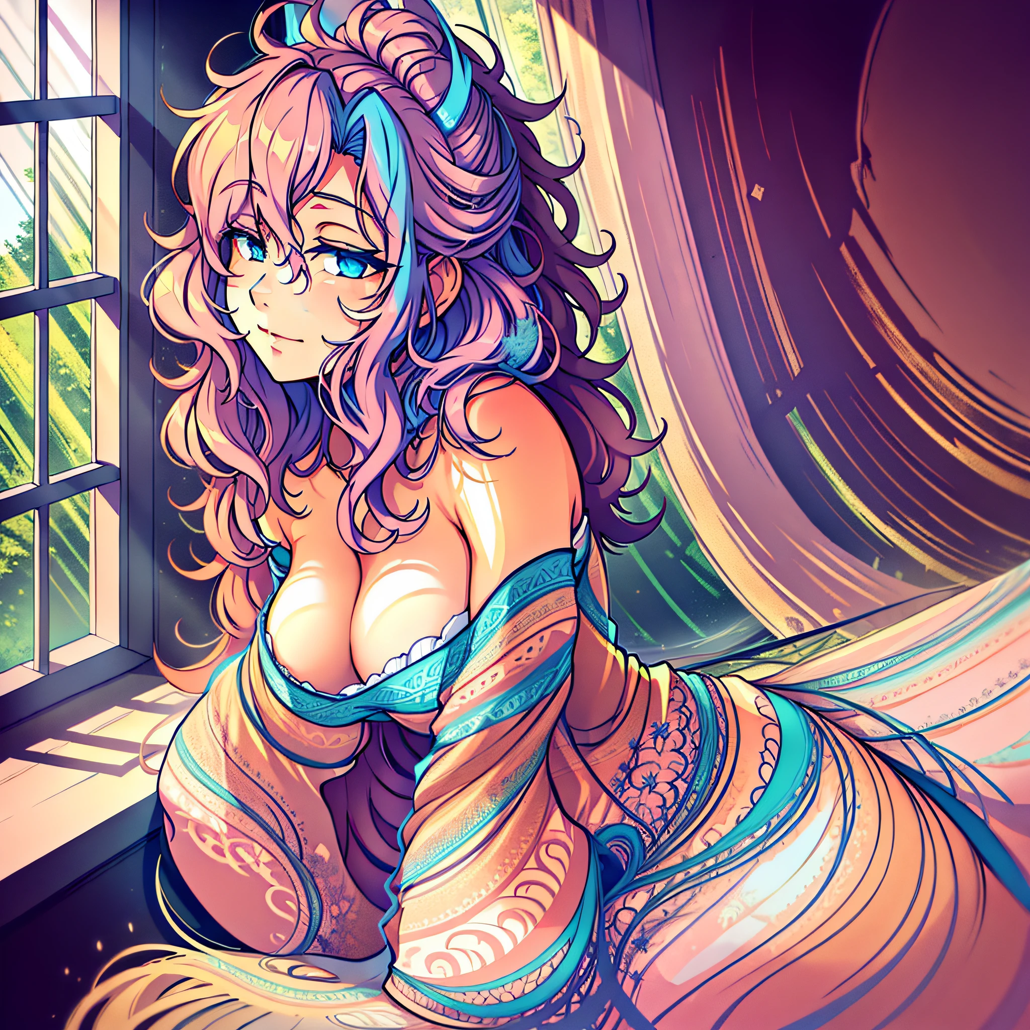 A sleepy-eyed girl, wrapped in soft sheets, is lying on a cozy bed. Her messy curly hair forms a graceful cloud around her head. The morning sun delicately seeping through the window illuminates the room, creating a serene and welcoming atmosphere.